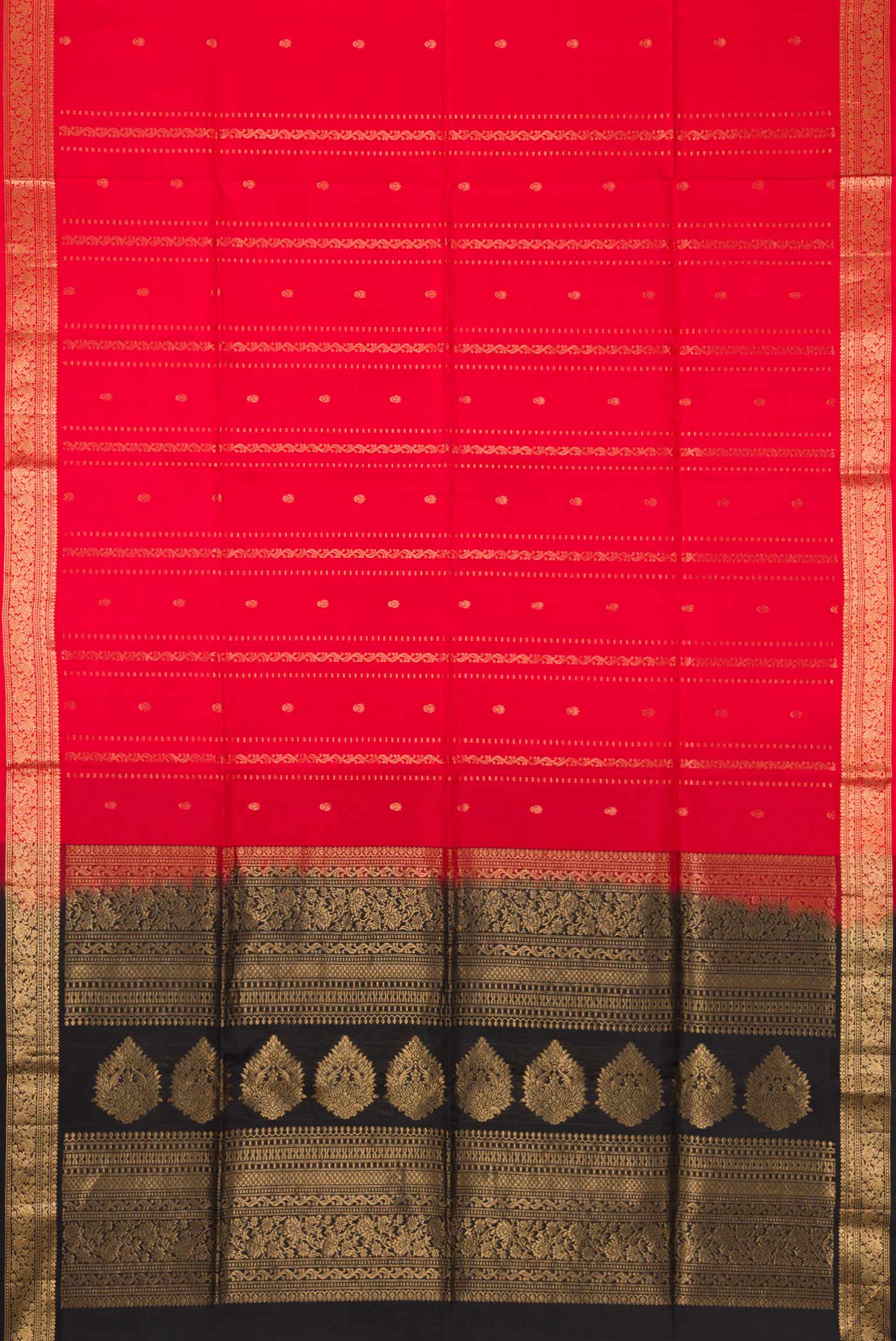 Flat view of Red Dual Tone Soft Silk Saree with Stripes on the body and Zari Border. 