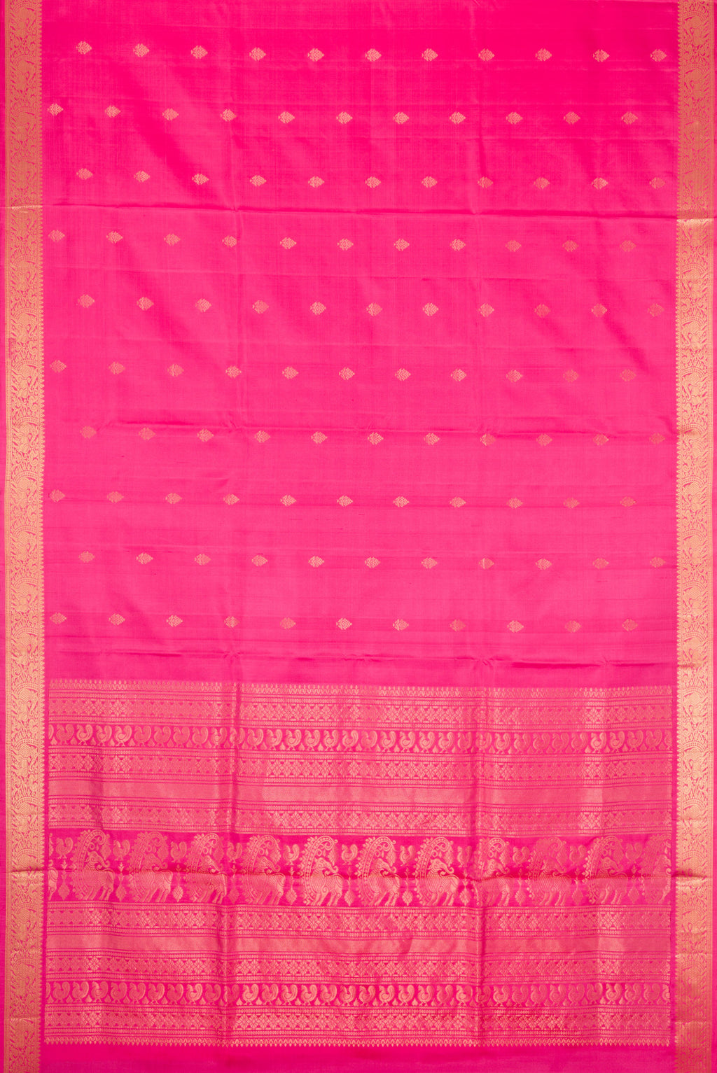 Flat view of Pink Dual Tone Soft Silk Saree with Zari Butta on the body and Zari Border. 