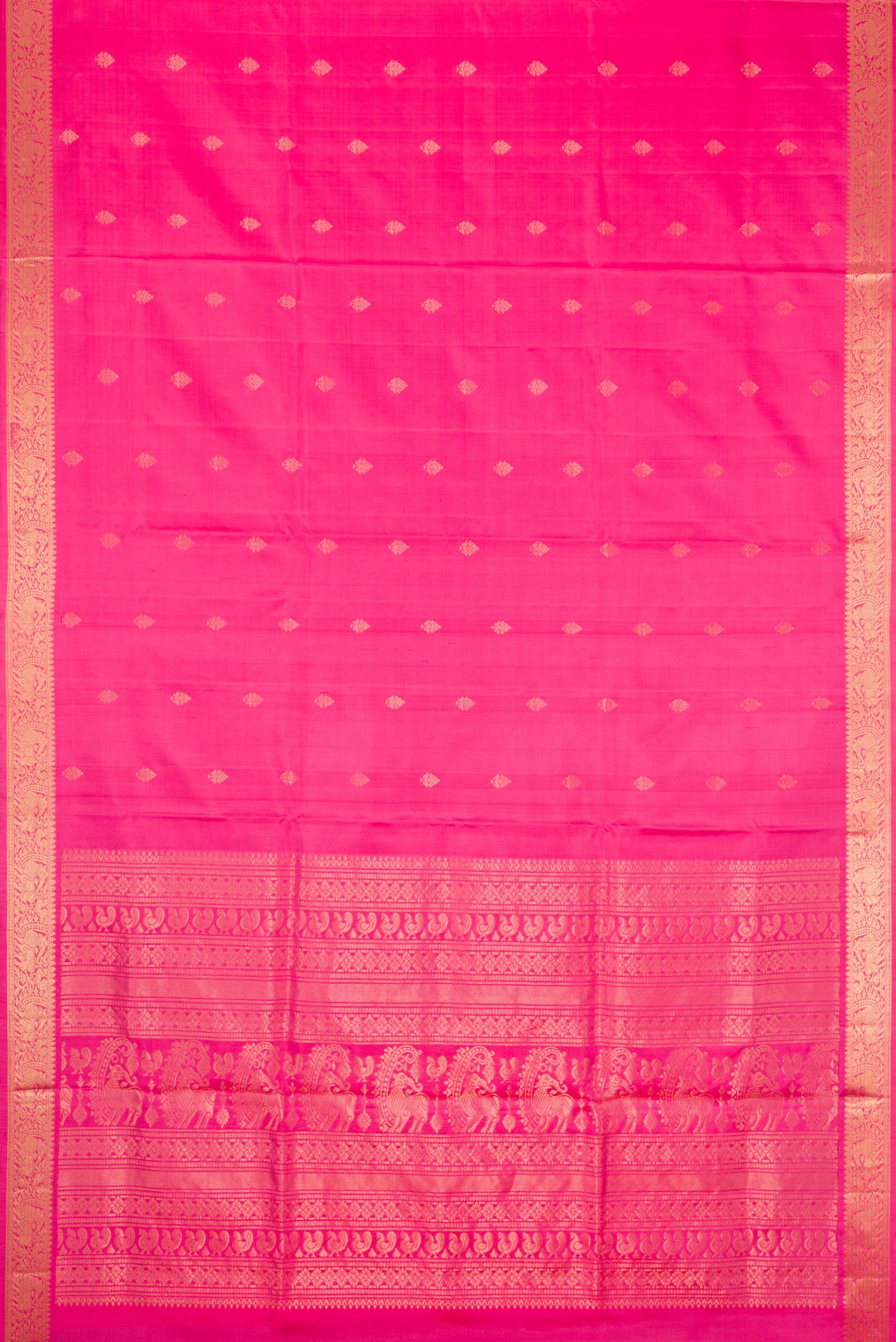 Flat view of Pink Dual Tone Soft Silk Saree with Zari Butta on the body and Zari Border. 