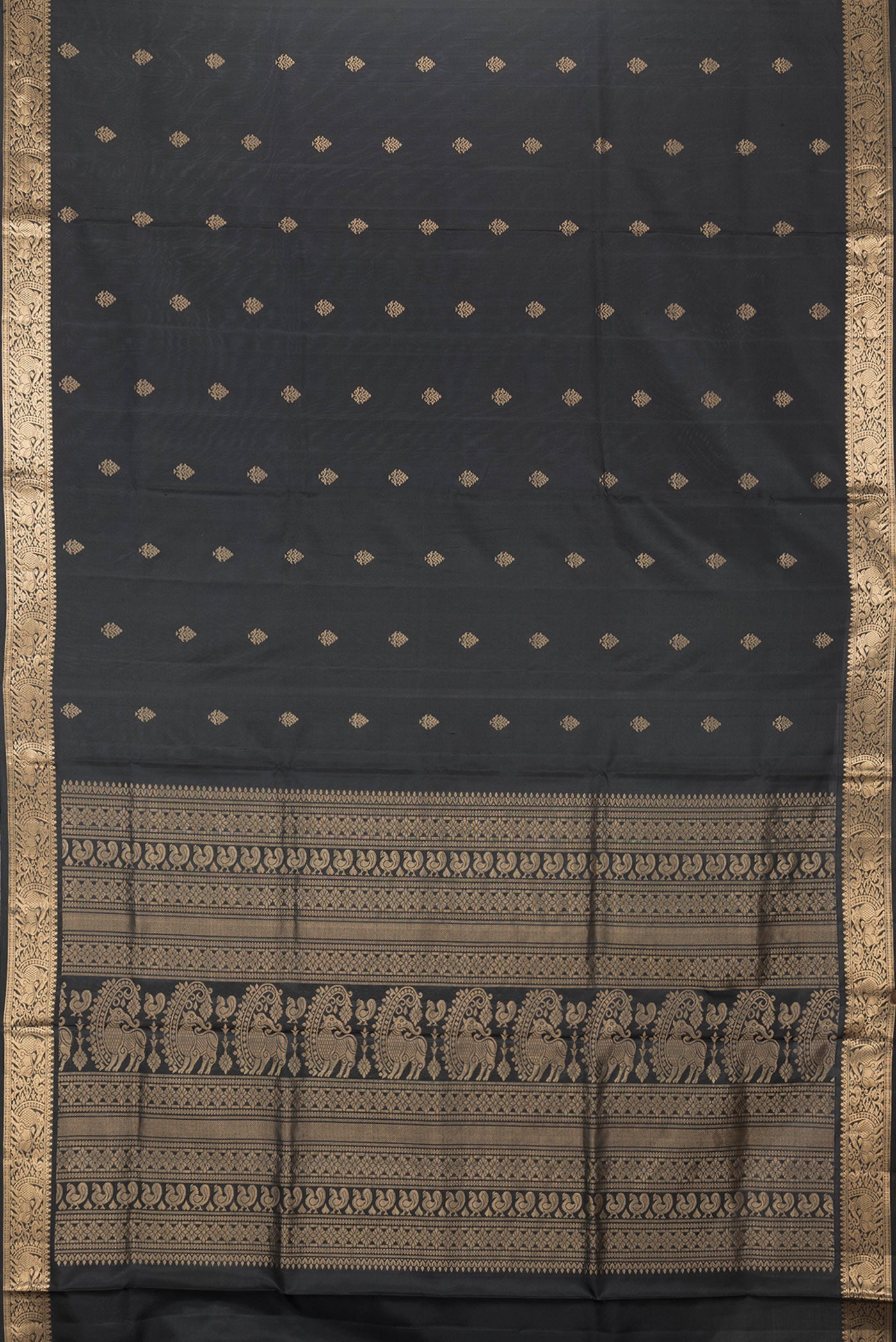 Flat view of Black Dual Tone Soft Silk Saree with Zari Butta on the body and Zari Border. 