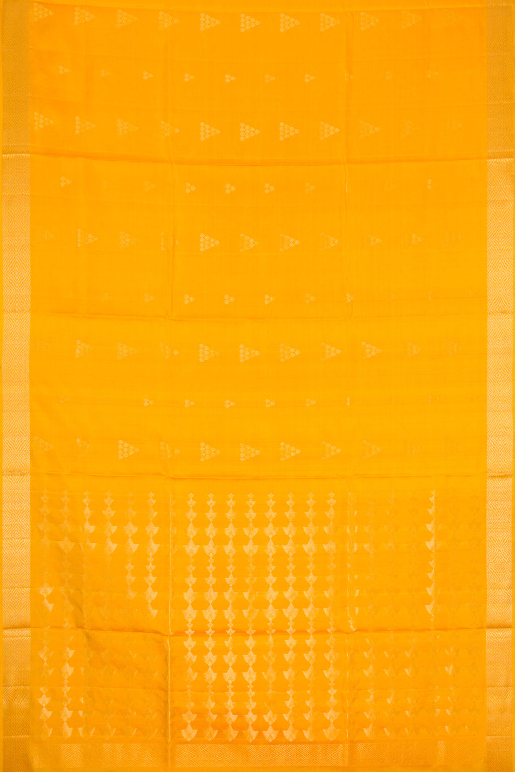 Flat view of Yellow Dual Tone Soft Silk Saree with Zari Butta on the body and Zari Border. 
