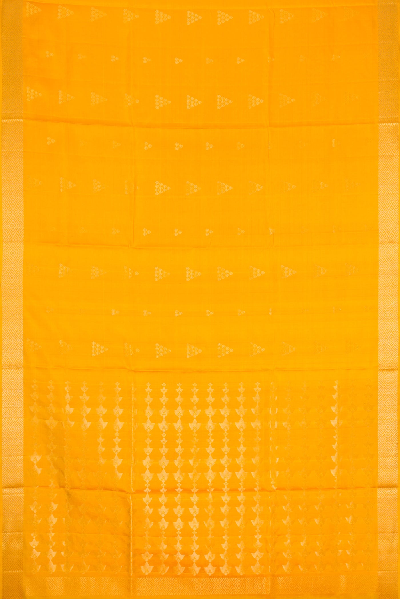 Flat view of Yellow Dual Tone Soft Silk Saree with Zari Butta on the body and Zari Border. 