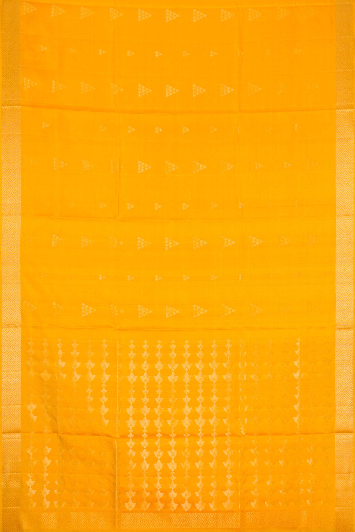 Flat view of Yellow Dual Tone Soft Silk Saree with Zari Butta on the body and Zari Border. 