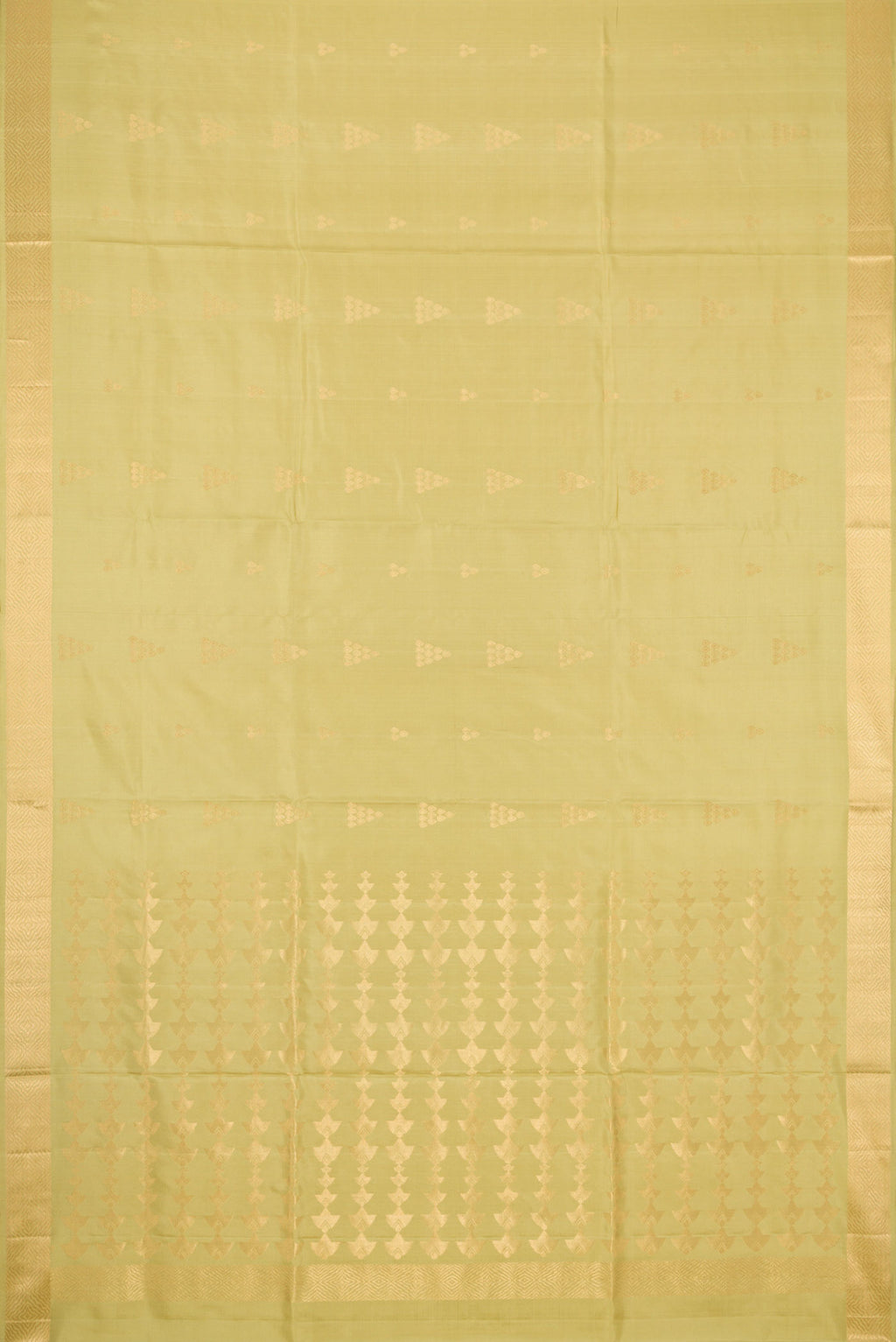 Flat view of Pista Green Dual Tone Soft Silk Saree with Zari Butta on the body and Zari Border