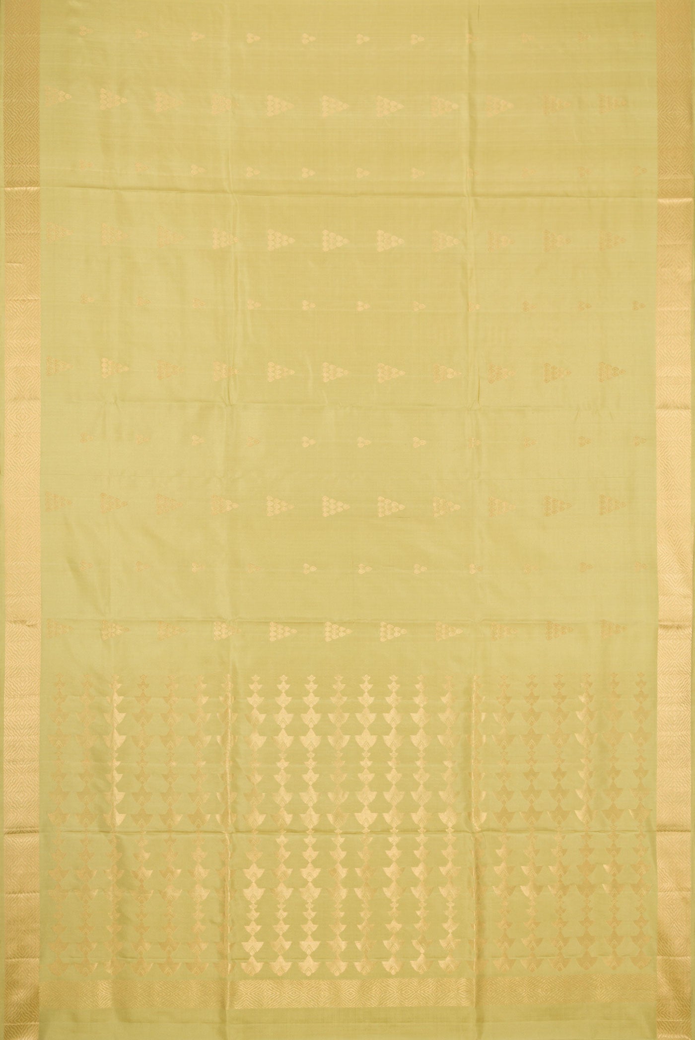 Flat view of Pista Green Dual Tone Soft Silk Saree with Zari Butta on the body and Zari Border