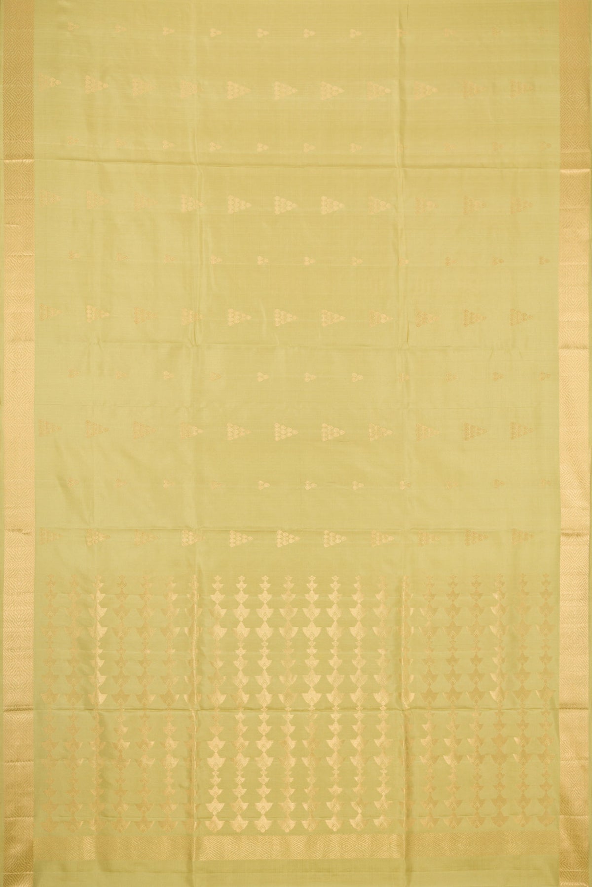 Flat view of Pista Green Dual Tone Soft Silk Saree with Zari Butta on the body and Zari Border