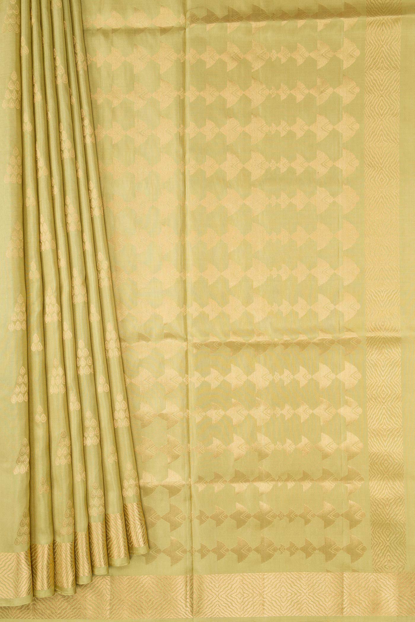 Pleats and pallu of Pista Green Dual Tone Soft Silk Saree with Zari Butta on the body and Zari Border