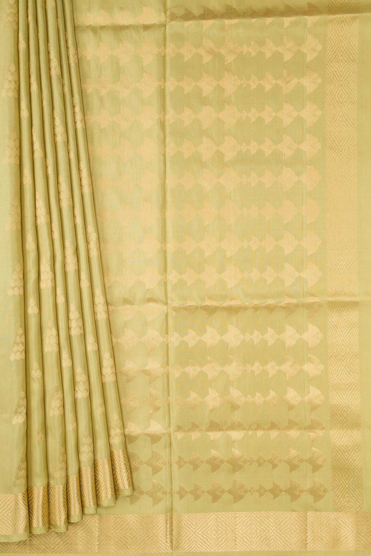 Pleats and pallu of Pista Green Dual Tone Soft Silk Saree with Zari Butta on the body and Zari Border