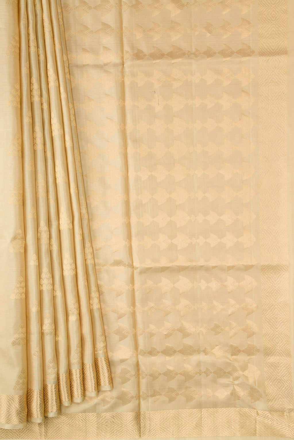 Pleats and pallu of Dark Beige Dual Tone Soft Silk Saree with Zari Butta on the body and Zari Border