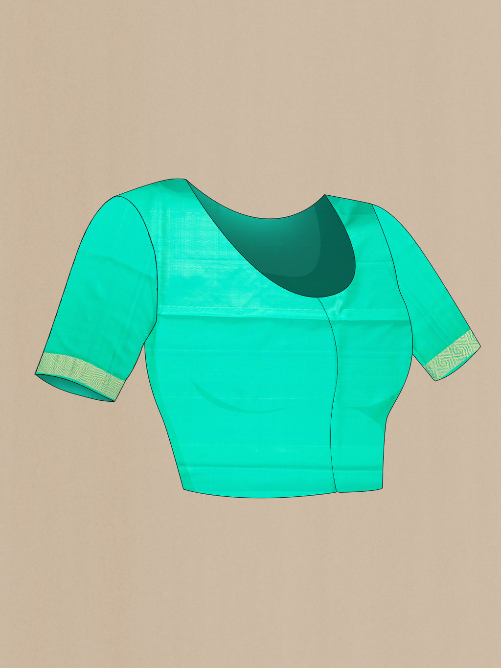Close up image of the blouse of Sea Green Dual Tone Soft Silk Saree with Zari Butta on the body and Zari Border. 