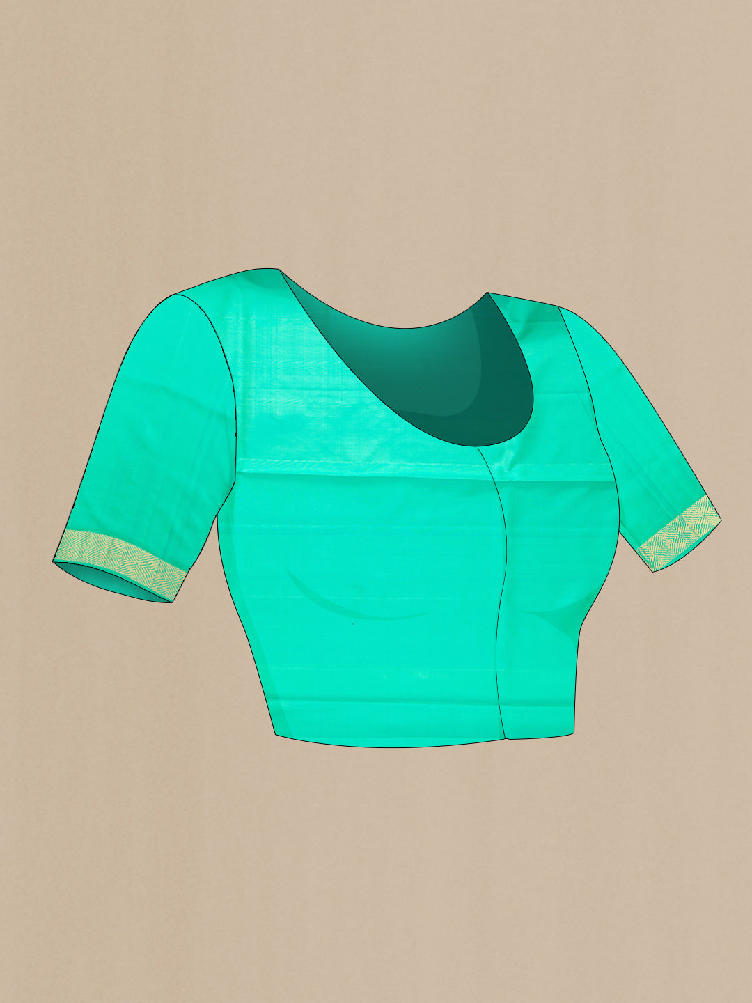 Close up image of the blouse of Sea Green Dual Tone Soft Silk Saree with Zari Butta on the body and Zari Border. 