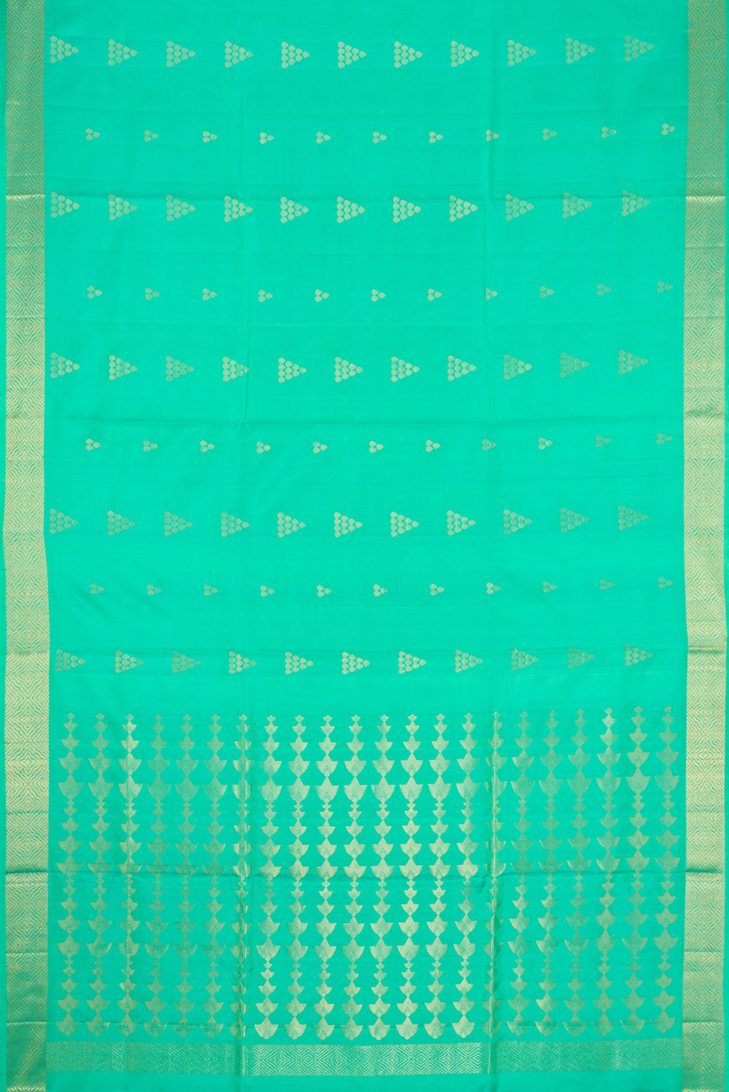 Flat view of Sea Green Dual Tone Soft Silk Saree with Zari Butta on the body and Zari Border. 