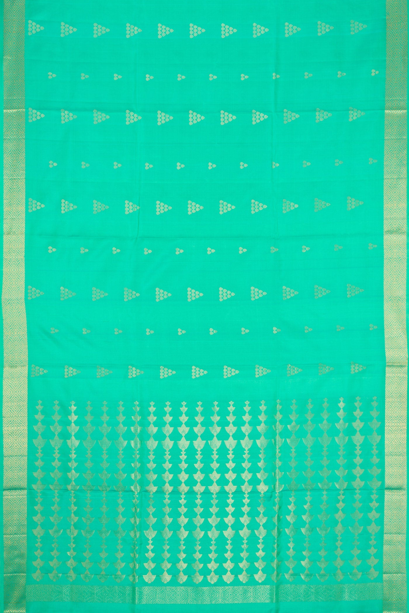 Flat view of Sea Green Dual Tone Soft Silk Saree with Zari Butta on the body and Zari Border. 