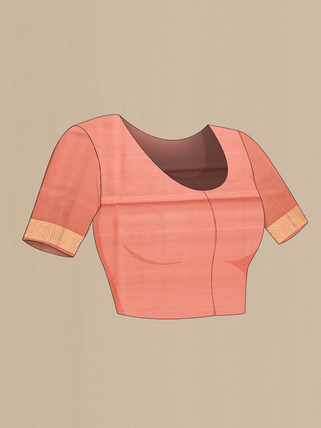 Close up image of the blouse of Golden Peach Dual Tone Soft Silk Saree with Zari Butta on the body and Zari Border. 