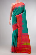 Light Green Dual Tone Kanjivaram Silk Saree with Checked design on the body and Temple Thread Border.  displayed on a mannequin