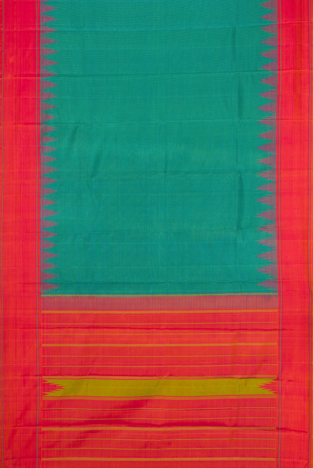 Flat view of Light Green Dual Tone Kanjivaram Silk Saree with Checked design on the body and Temple Thread Border. 