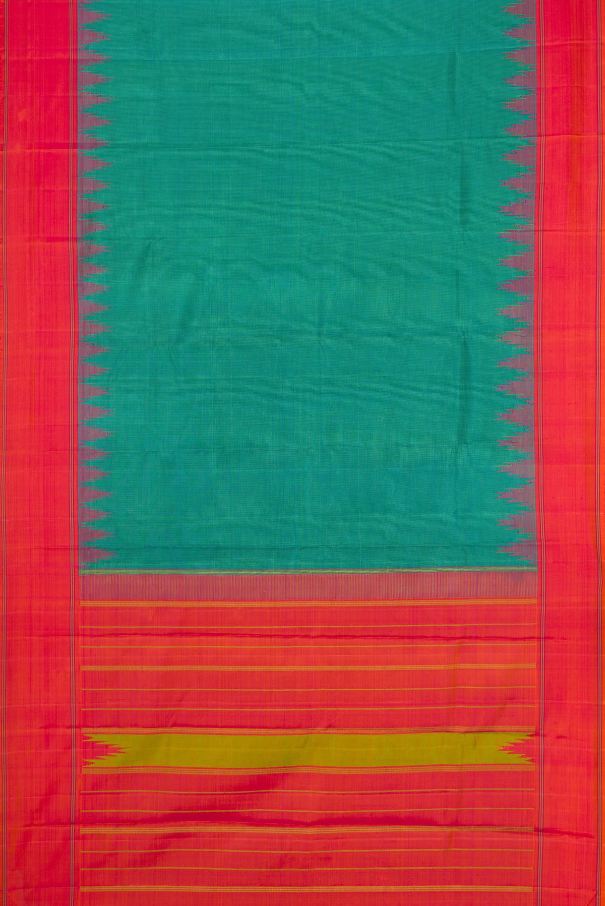 Flat view of Light Green Dual Tone Kanjivaram Silk Saree with Checked design on the body and Temple Thread Border. 