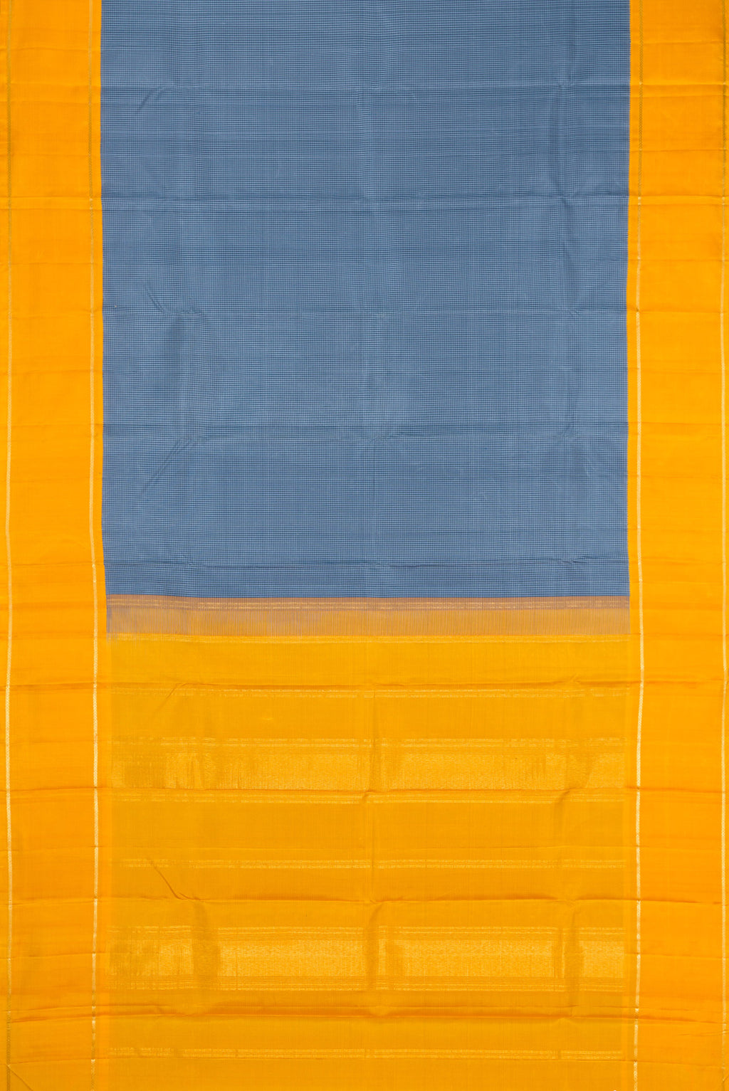 Flat view of Blue Dual Tone Kanjivaram Silk Saree with Checked design on the body and Zari Border. 