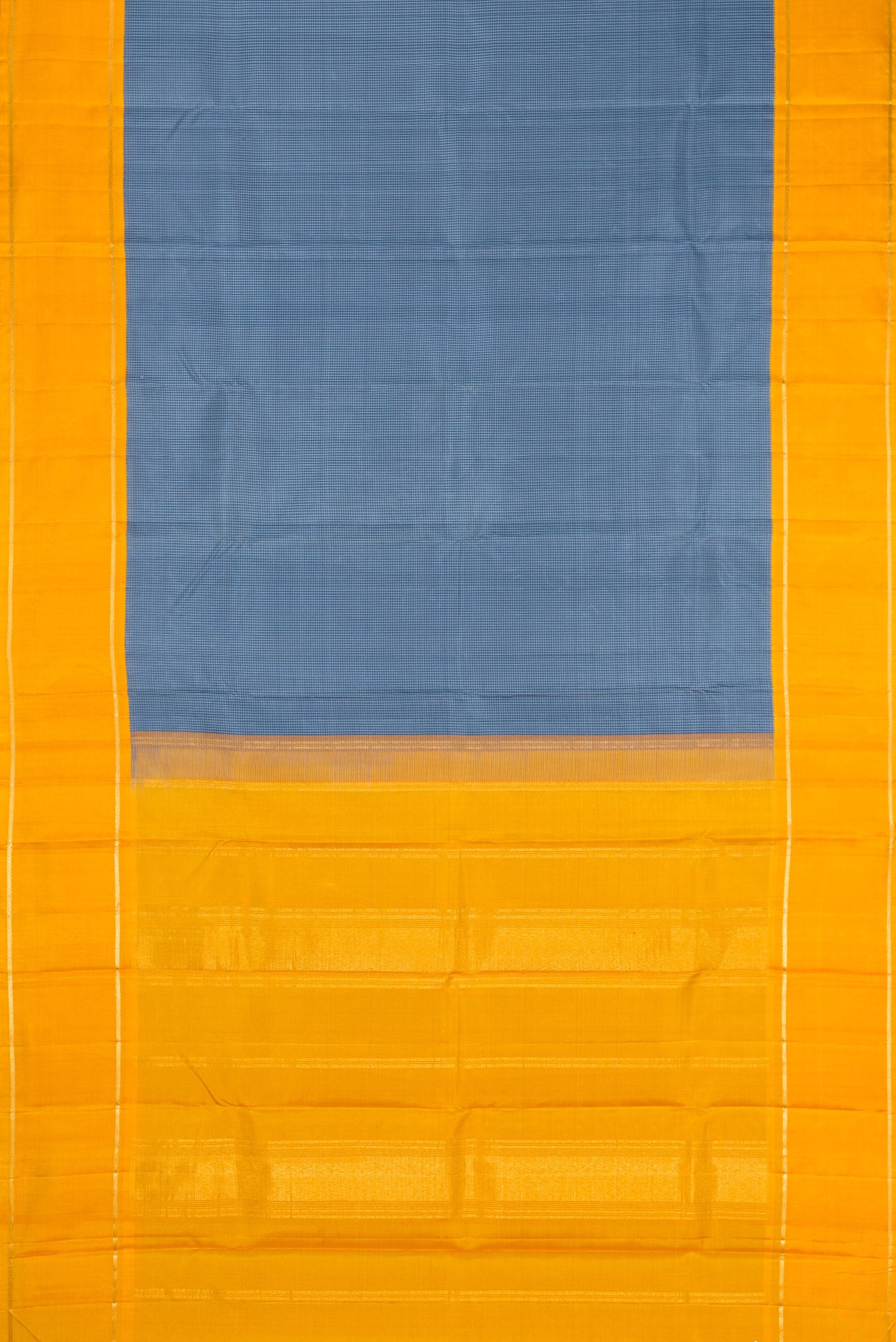 Flat view of Blue Dual Tone Kanjivaram Silk Saree with Checked design on the body and Zari Border. 