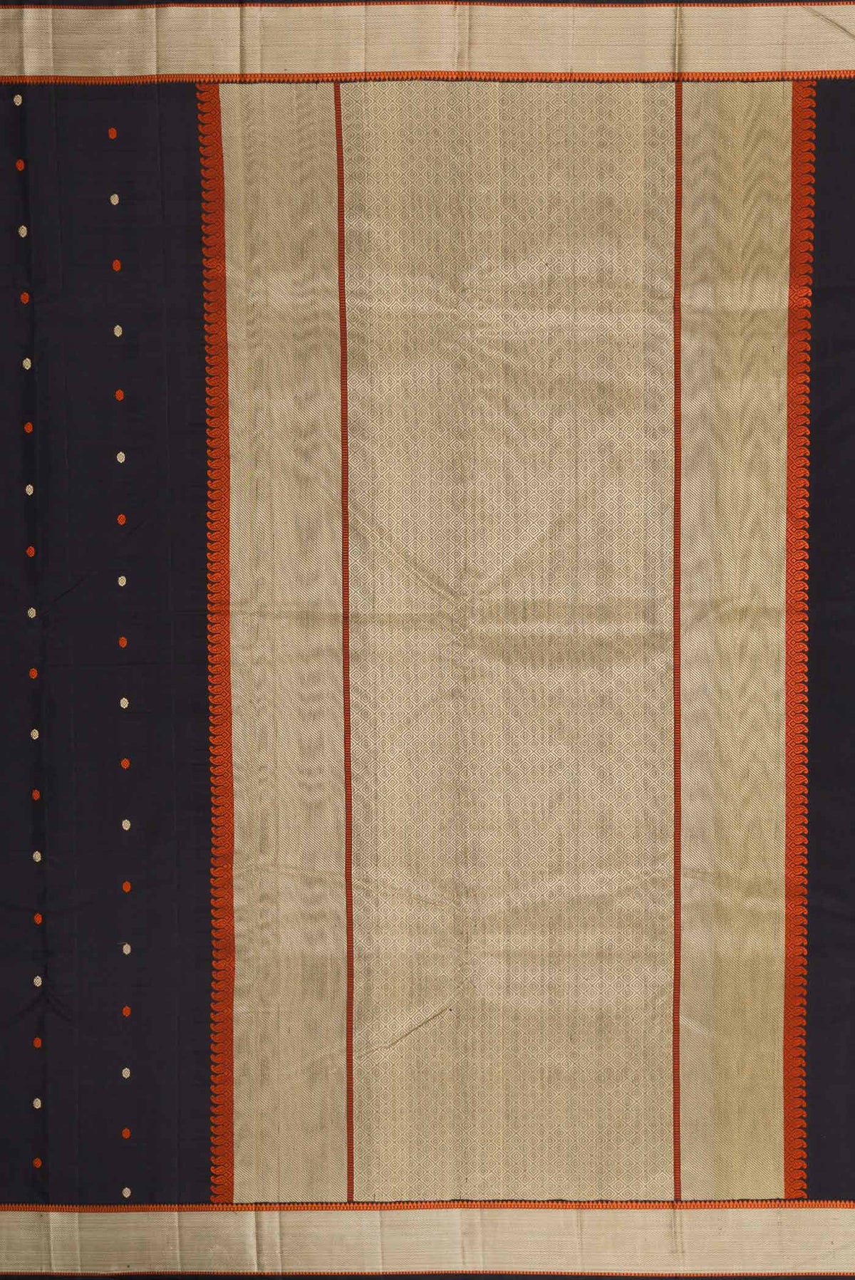 Close up image of the pallu of Black Dual Tone Kanchipuram Silk Saree with Thread Butta on the body and Thread Border