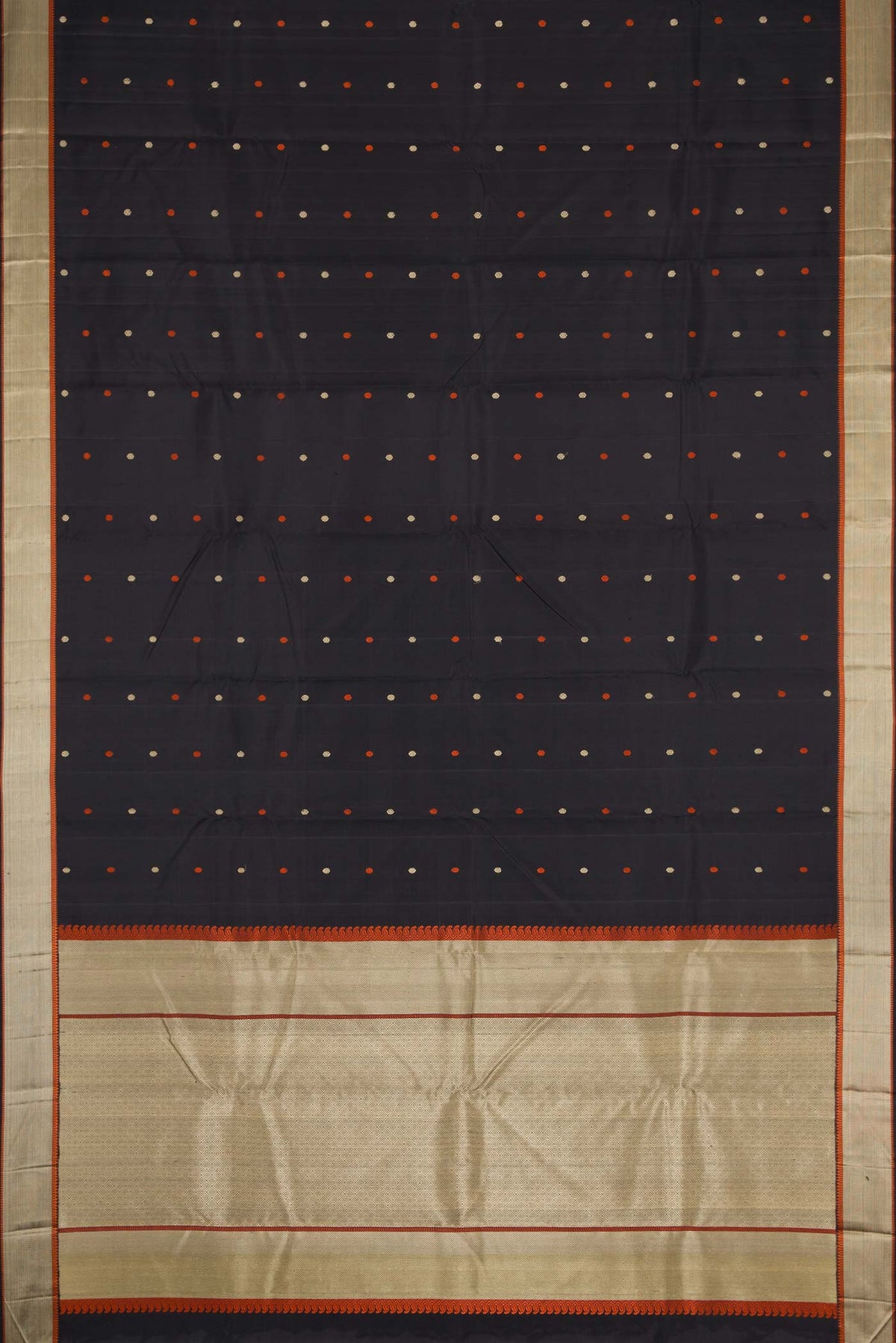 Flat view of Black Dual Tone Kanchipuram Silk Saree with Thread Butta on the body and Thread Border