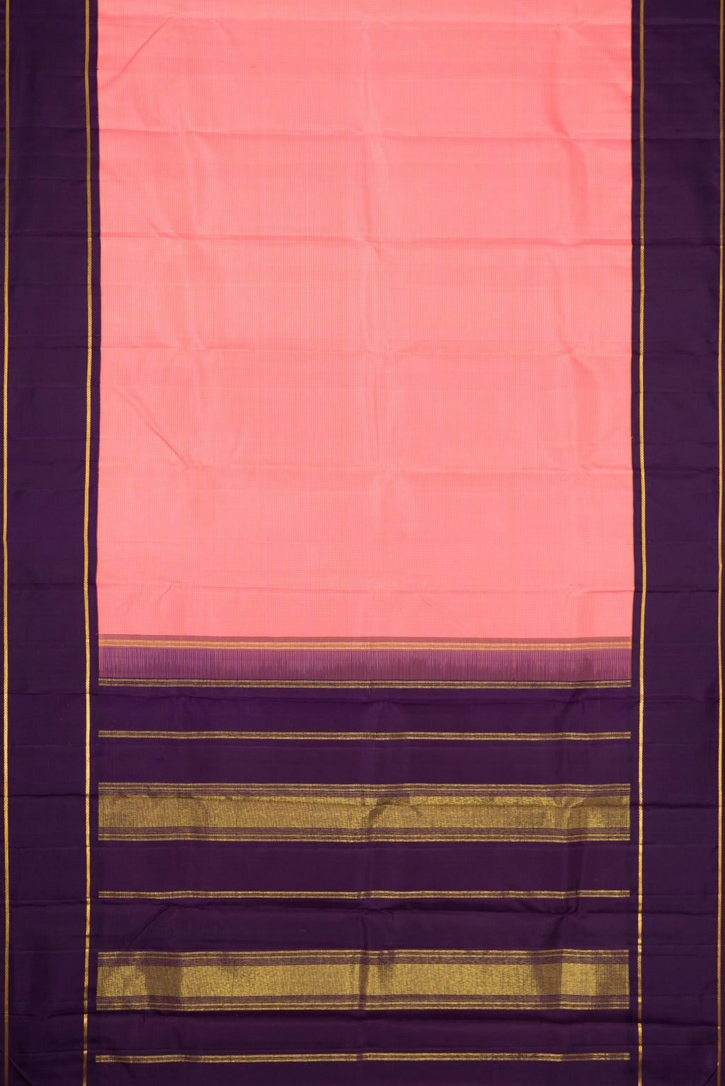 Flat view of Pure Silk Pure Zari Pink Dual Tone Kanchipuram Saree with Checked design on the body and Zari Border