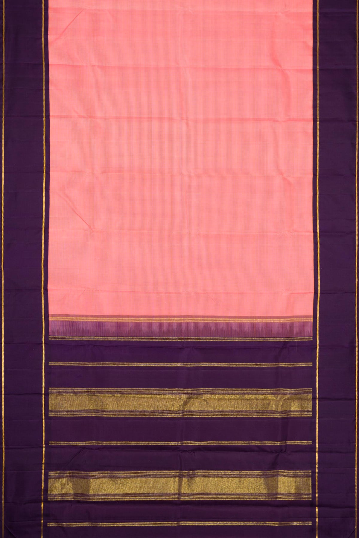Flat view of Pure Silk Pure Zari Pink Dual Tone Kanchipuram Saree with Checked design on the body and Zari Border