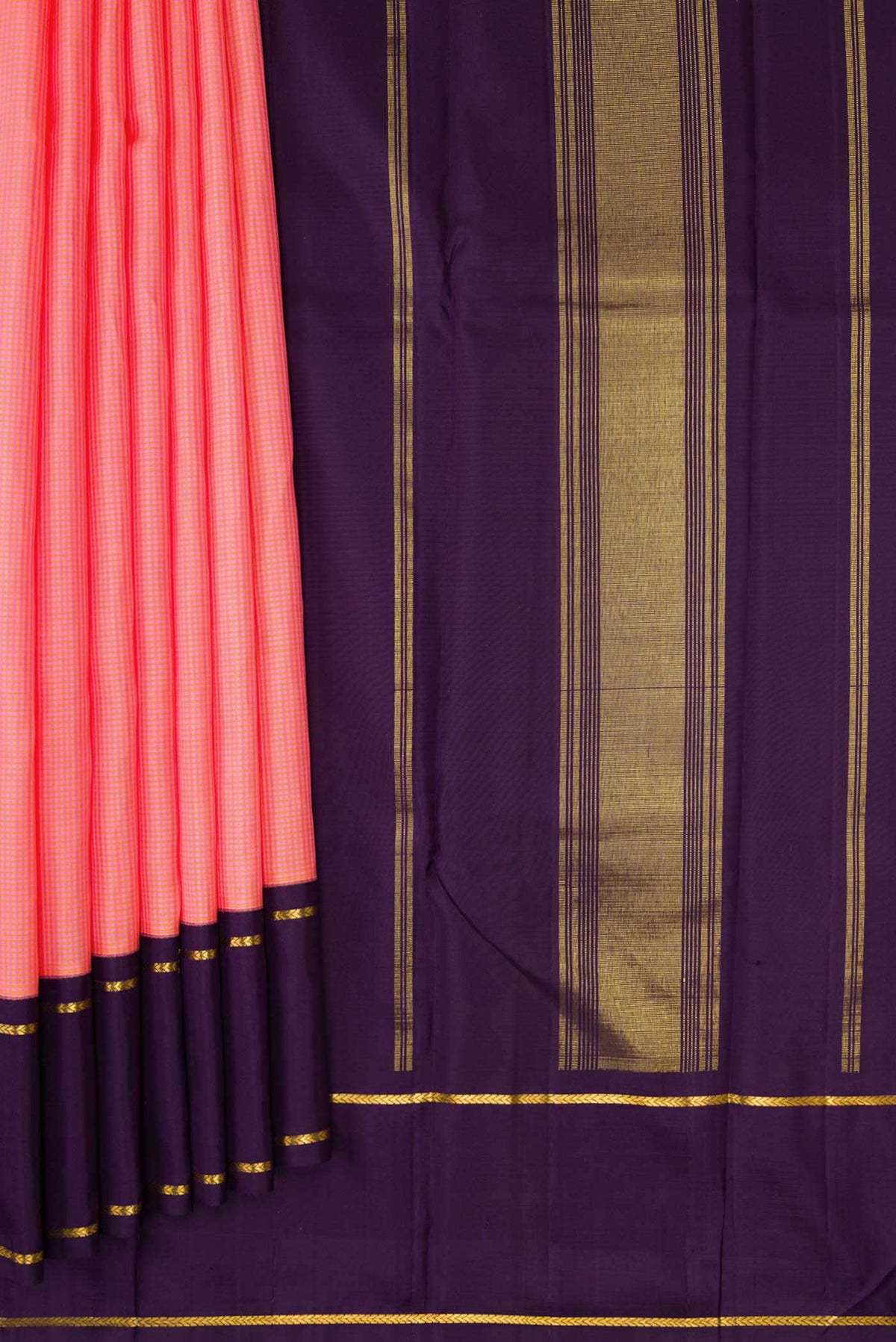 Pleats and pallu of Pure Silk Pure Zari Pink Dual Tone Kanchipuram Saree with Checked design on the body and Zari Border