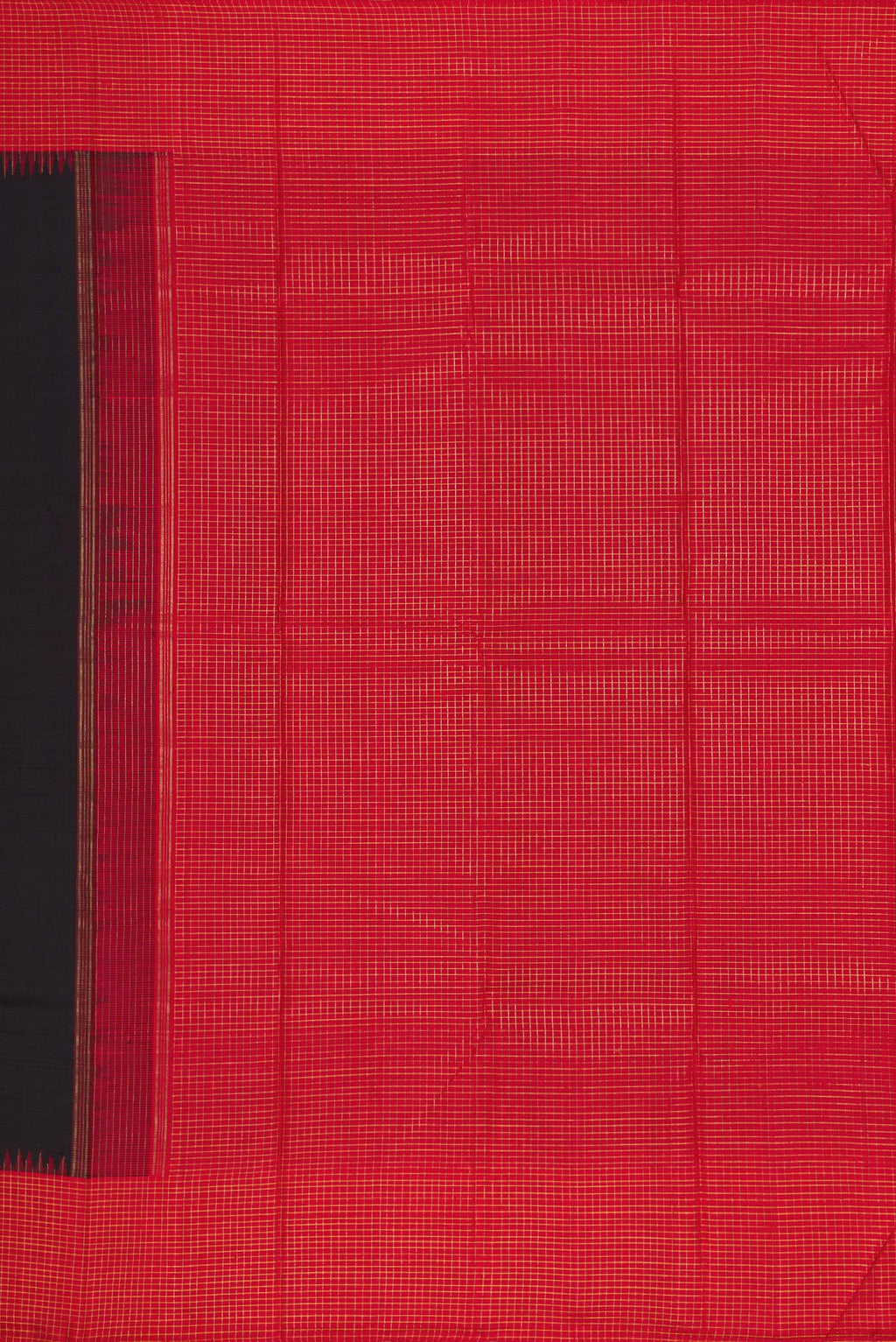 Close up image of the pallu of Pure Silk Pure Zari Black Dual Tone Kanchipuram Saree with Plain Body and Checks Border. 