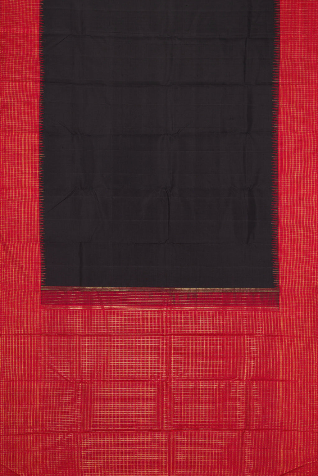 Flat view of Pure Silk Pure Zari Black Dual Tone Kanchipuram Saree with Plain Body and Checks Border. 