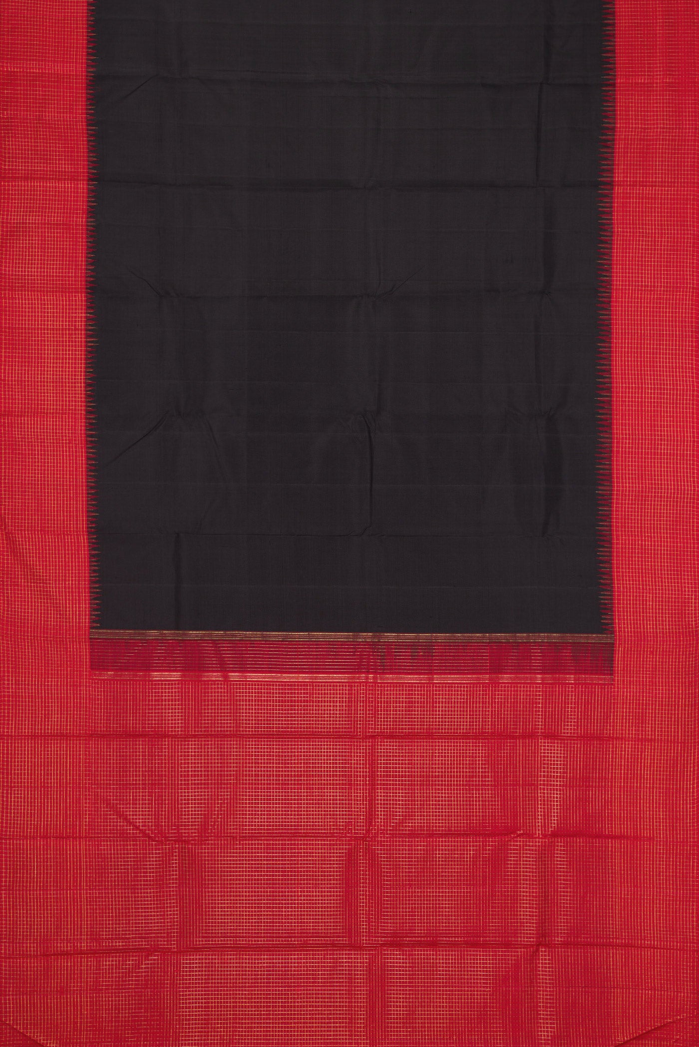Flat view of Pure Silk Pure Zari Black Dual Tone Kanchipuram Saree with Plain Body and Checks Border. 