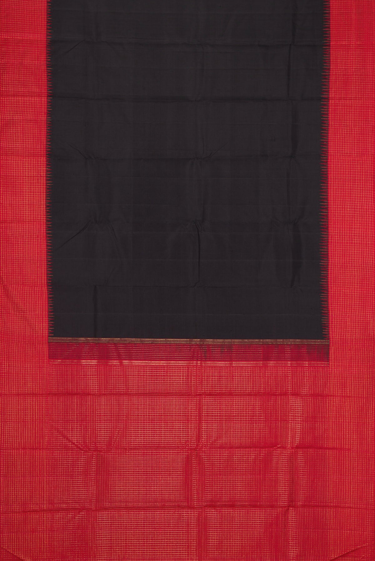 Flat view of Pure Silk Pure Zari Black Dual Tone Kanchipuram Saree with Plain Body and Checks Border. 
