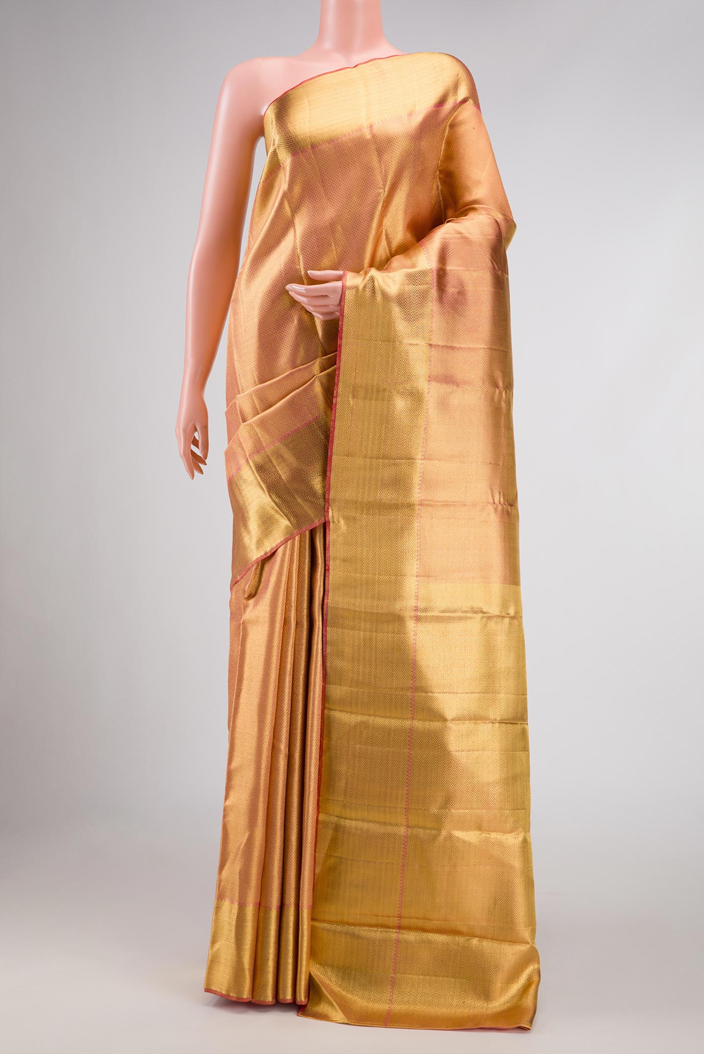 Pure Silk Pure Zari Pink Dual Tone Kanchipuram Saree with Zari Brocade on the body and Zari Border displayed on a mannequin