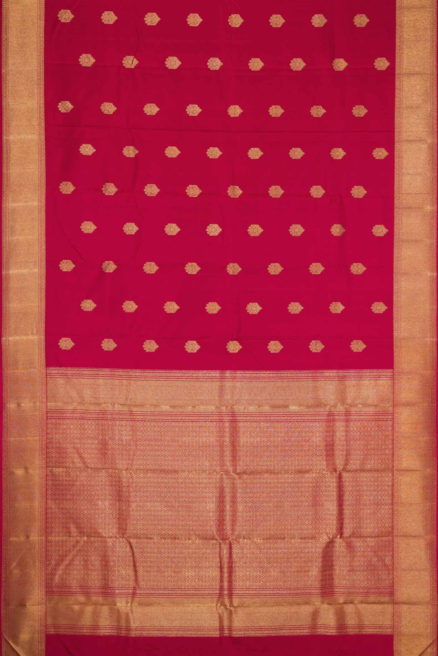 Flat view of Pure Silk Pure Zari Maroon Dual Tone Kanjivaram Saree with Zari Butta on the body and Zari Border. 