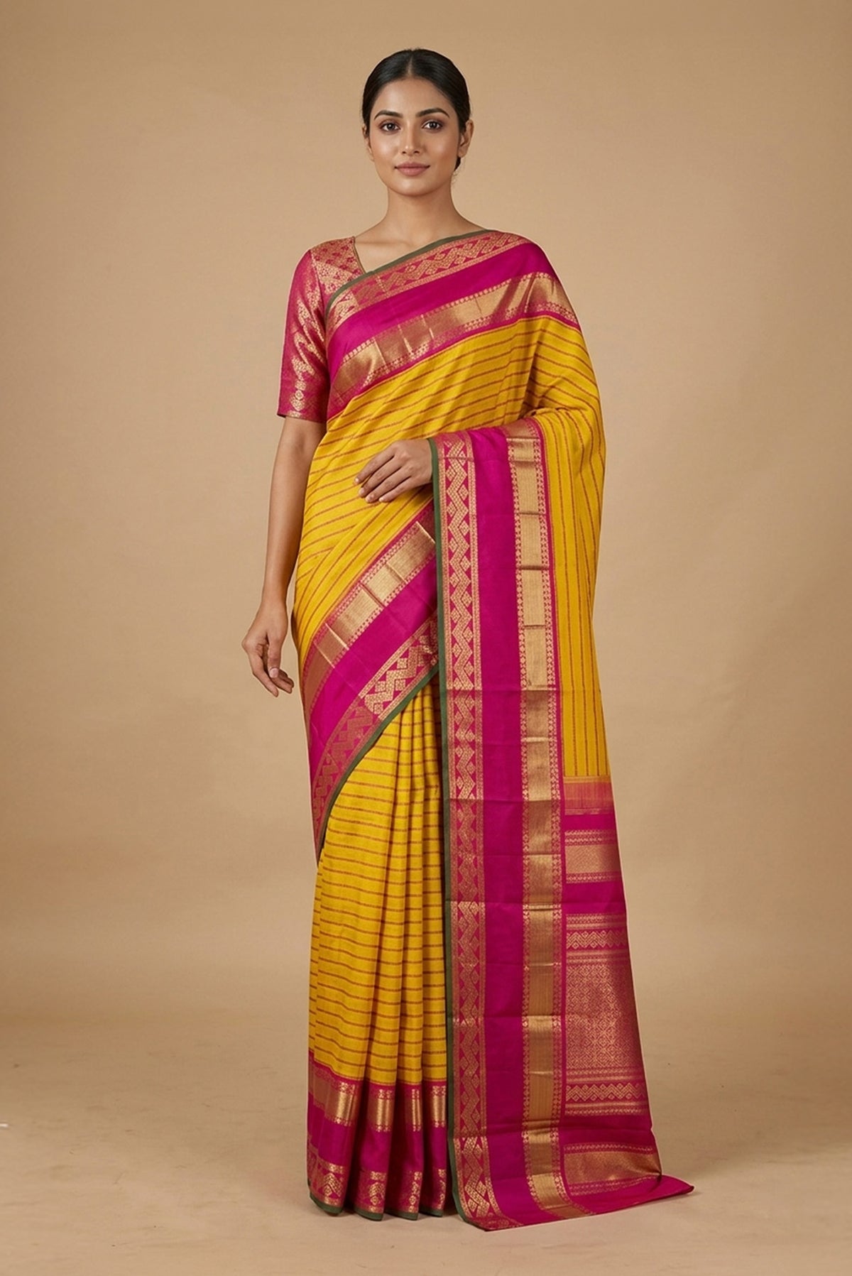 Model wearing a Pure Silk Pure Zari Mustard Dual Tone Kanchipuram Saree with Veldhari on the body and Zari Border.
