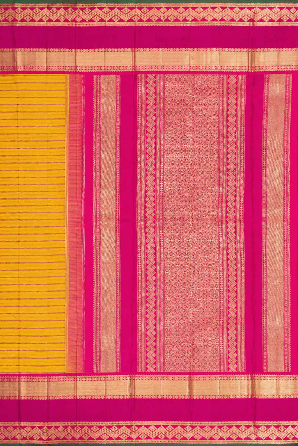 Close up image of the pallu of Pure Silk Pure Zari Mustard Dual Tone Kanchipuram Saree with Veldhari on the body and Zari Border