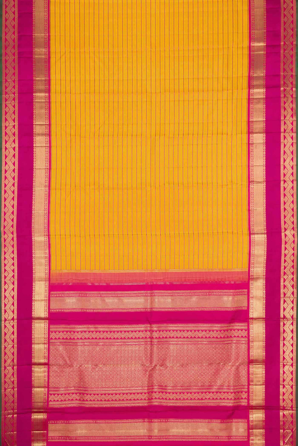 Flat view of Pure Silk Pure Zari Mustard Dual Tone Kanchipuram Saree with Veldhari on the body and Zari Border