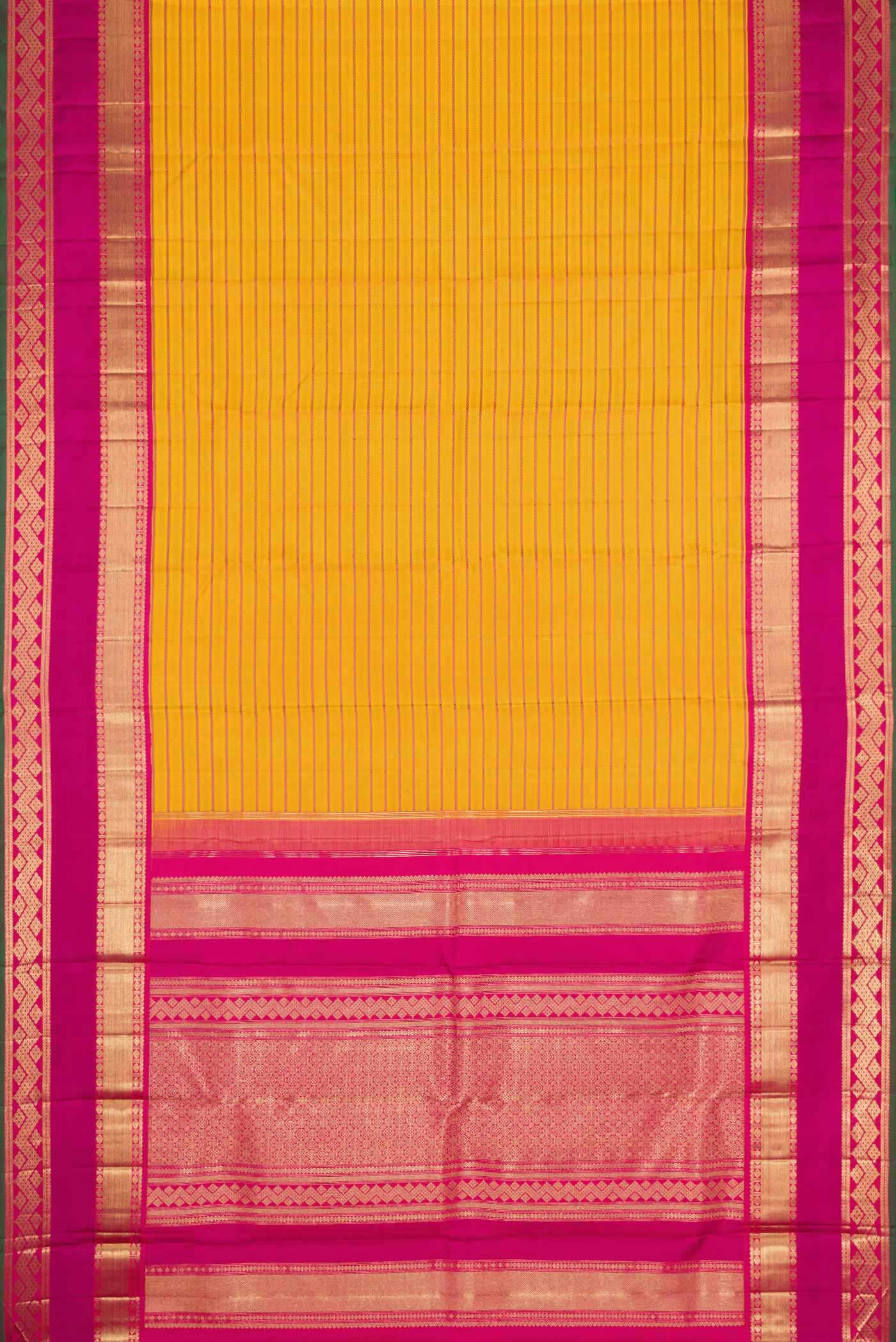 Flat view of Pure Silk Pure Zari Mustard Dual Tone Kanchipuram Saree with Veldhari on the body and Zari Border