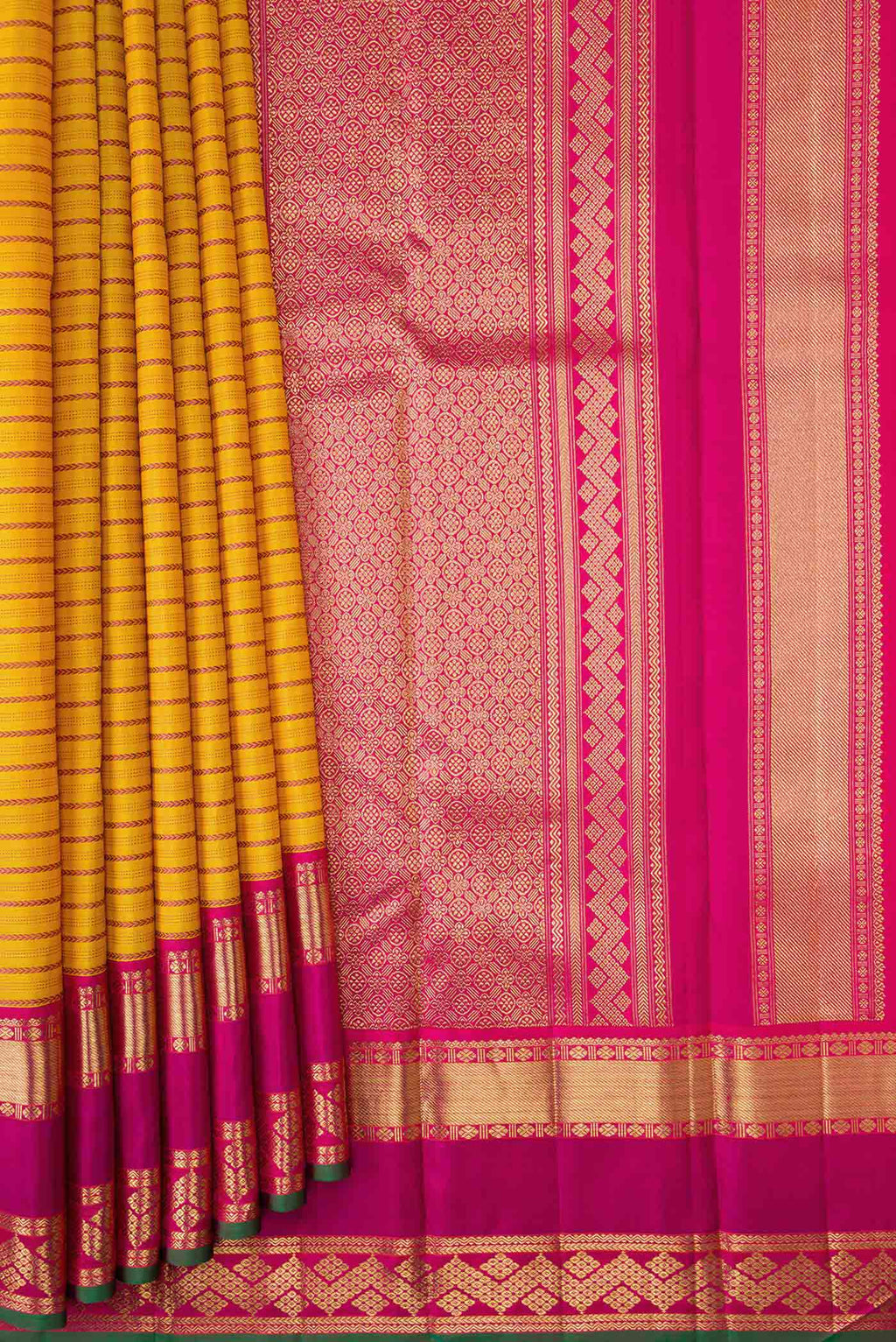 Pleats and pallu of Pure Silk Pure Zari Mustard Dual Tone Kanchipuram Saree with Veldhari on the body and Zari Border