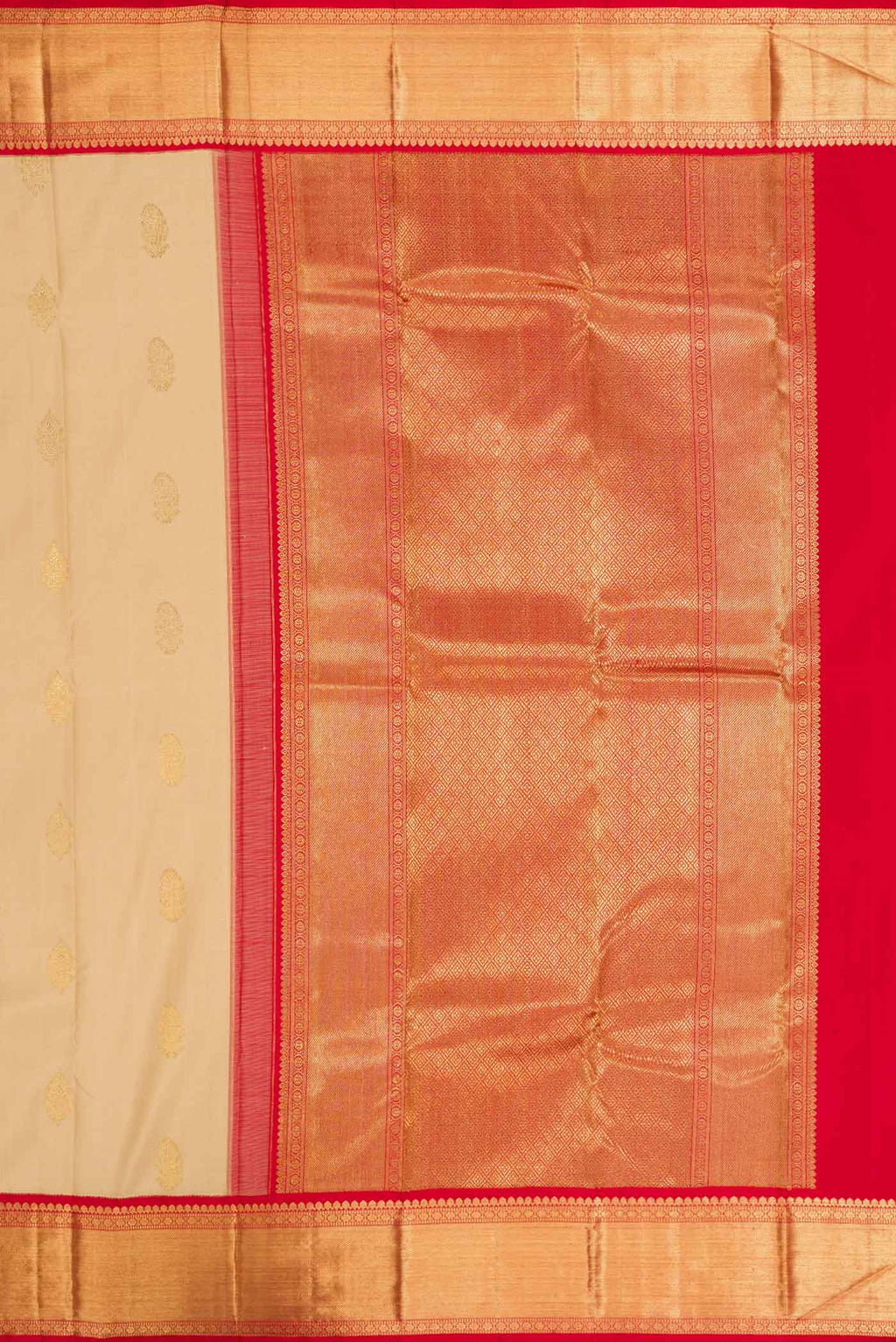 Close up image of the pallu of Pure Silk Pure Zari Dark Beige Dual Tone Kanchipuram Saree with Zari Butta on the body and Zari Border