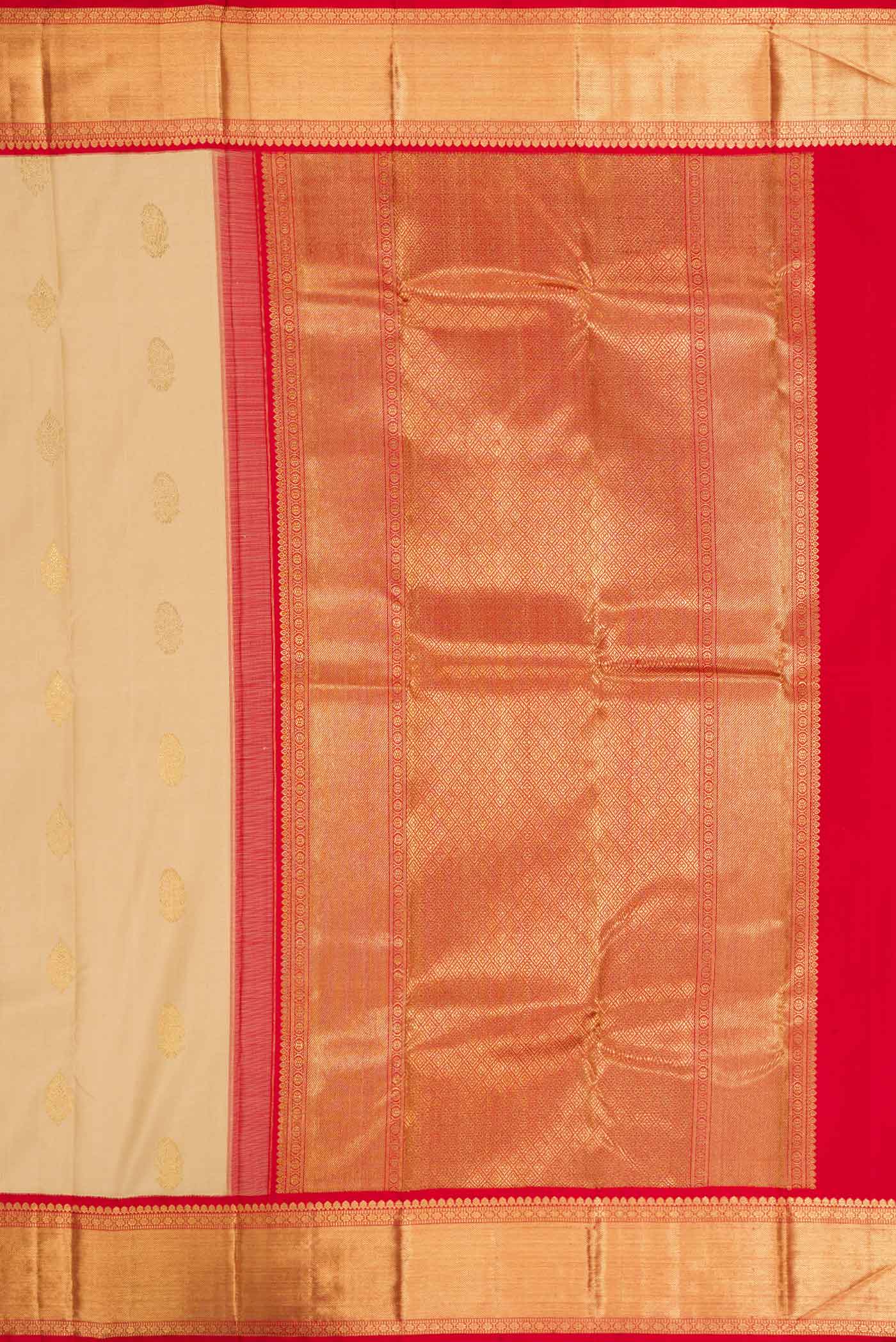 Close up image of the pallu of Pure Silk Pure Zari Dark Beige Dual Tone Kanchipuram Saree with Zari Butta on the body and Zari Border