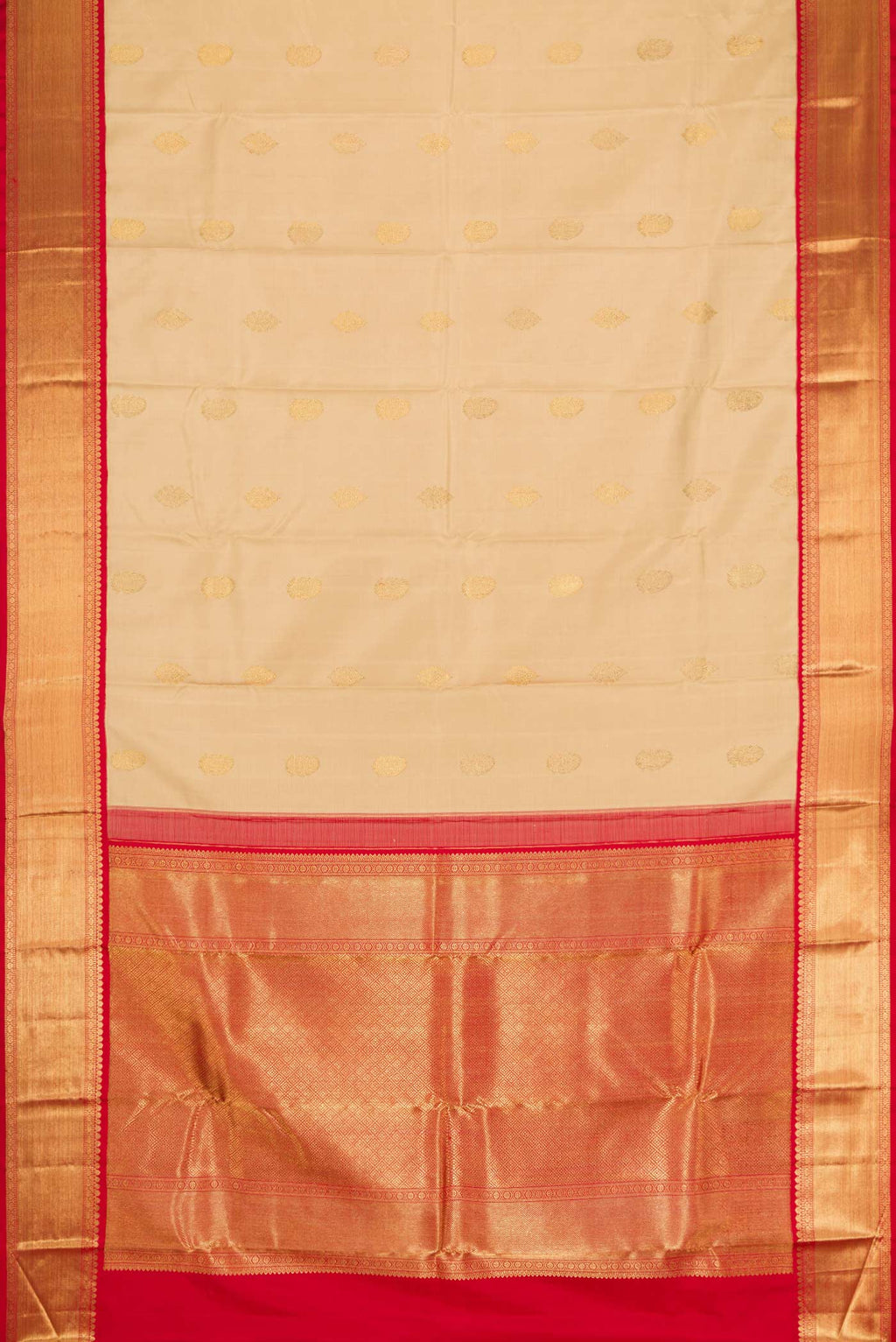 Flat view of Pure Silk Pure Zari Dark Beige Dual Tone Kanchipuram Saree with Zari Butta on the body and Zari Border