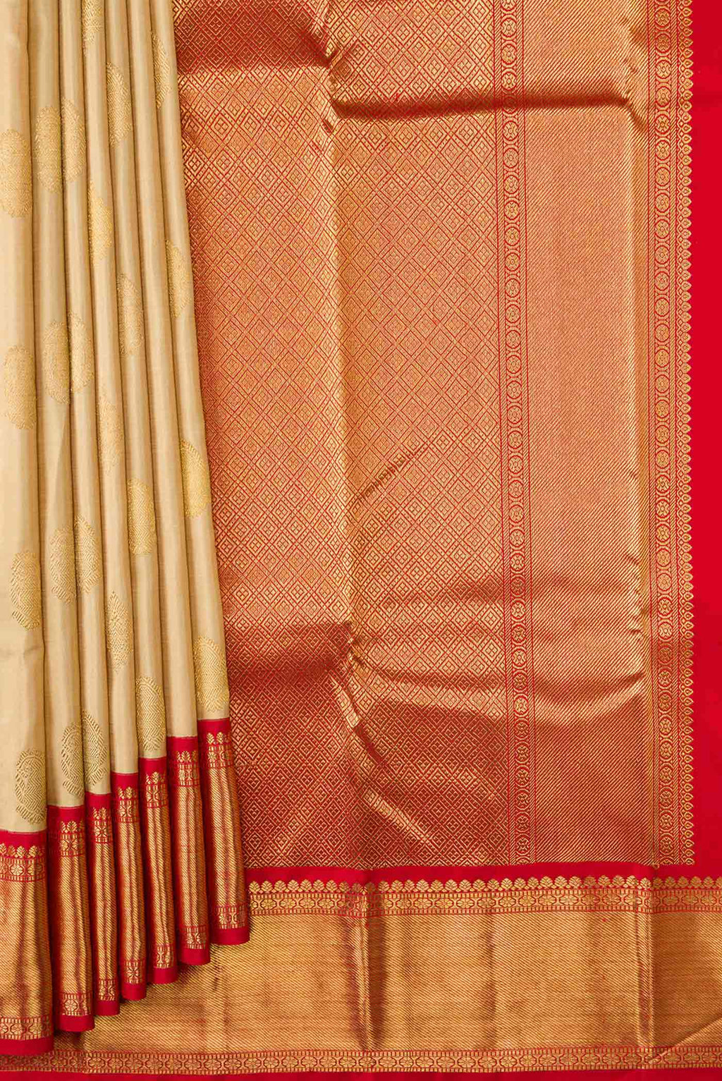 Pleats and pallu of Pure Silk Pure Zari Dark Beige Dual Tone Kanchipuram Saree with Zari Butta on the body and Zari Border