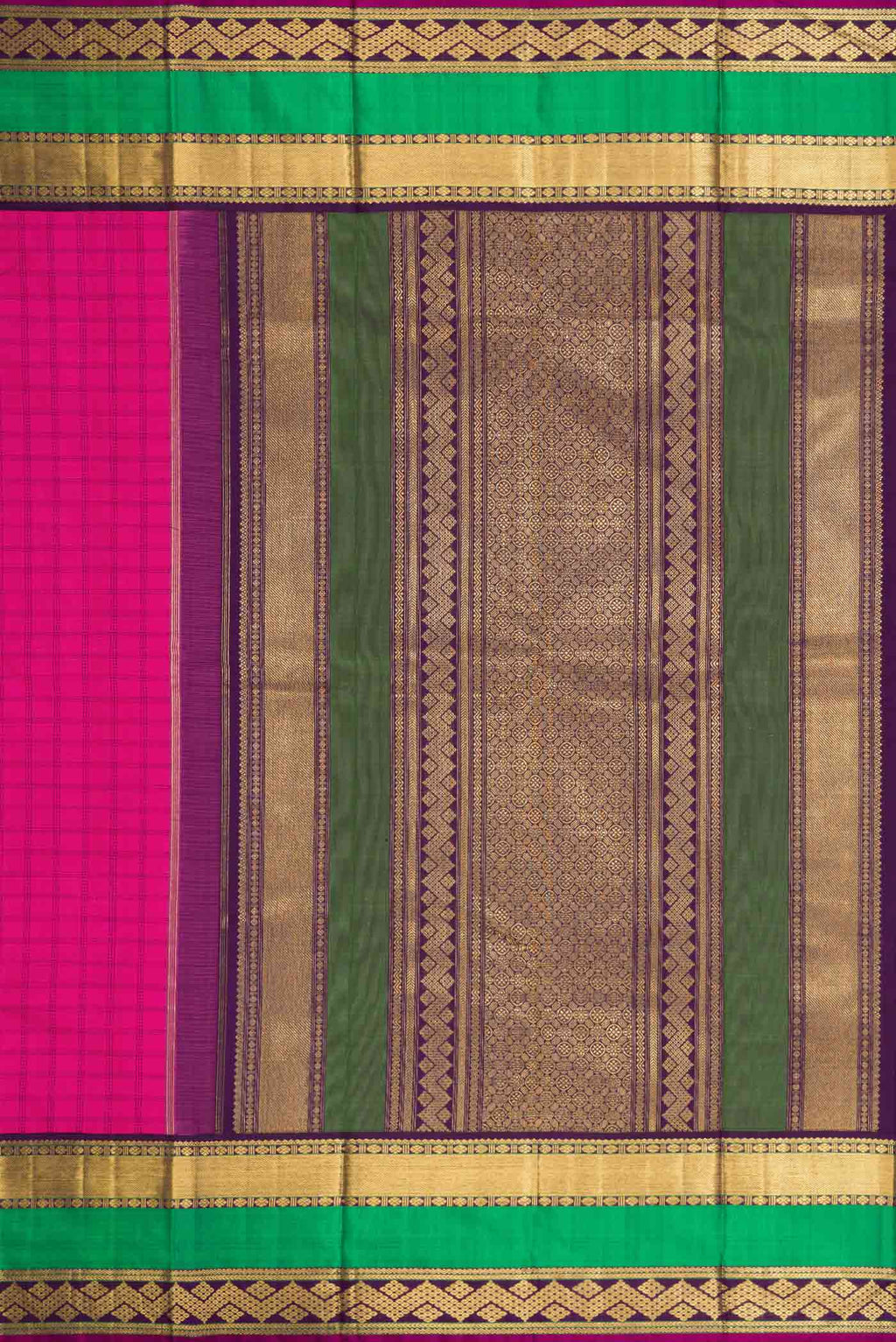 Close up image of the pallu of Pure Silk Pure Zari Pink Dual Tone Kanchipuram Saree with Checked design on the body and Zari Border