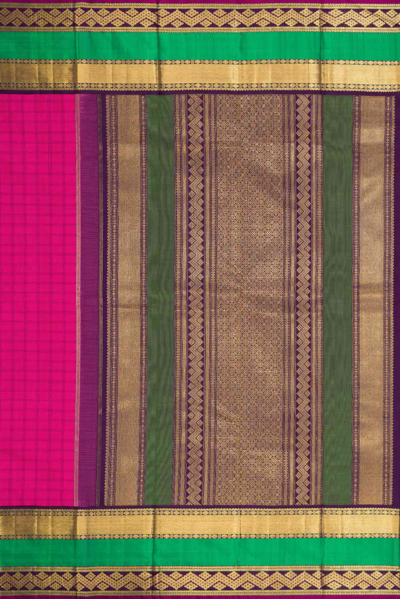Close up image of the pallu of Pure Silk Pure Zari Pink Dual Tone Kanchipuram Saree with Checked design on the body and Zari Border