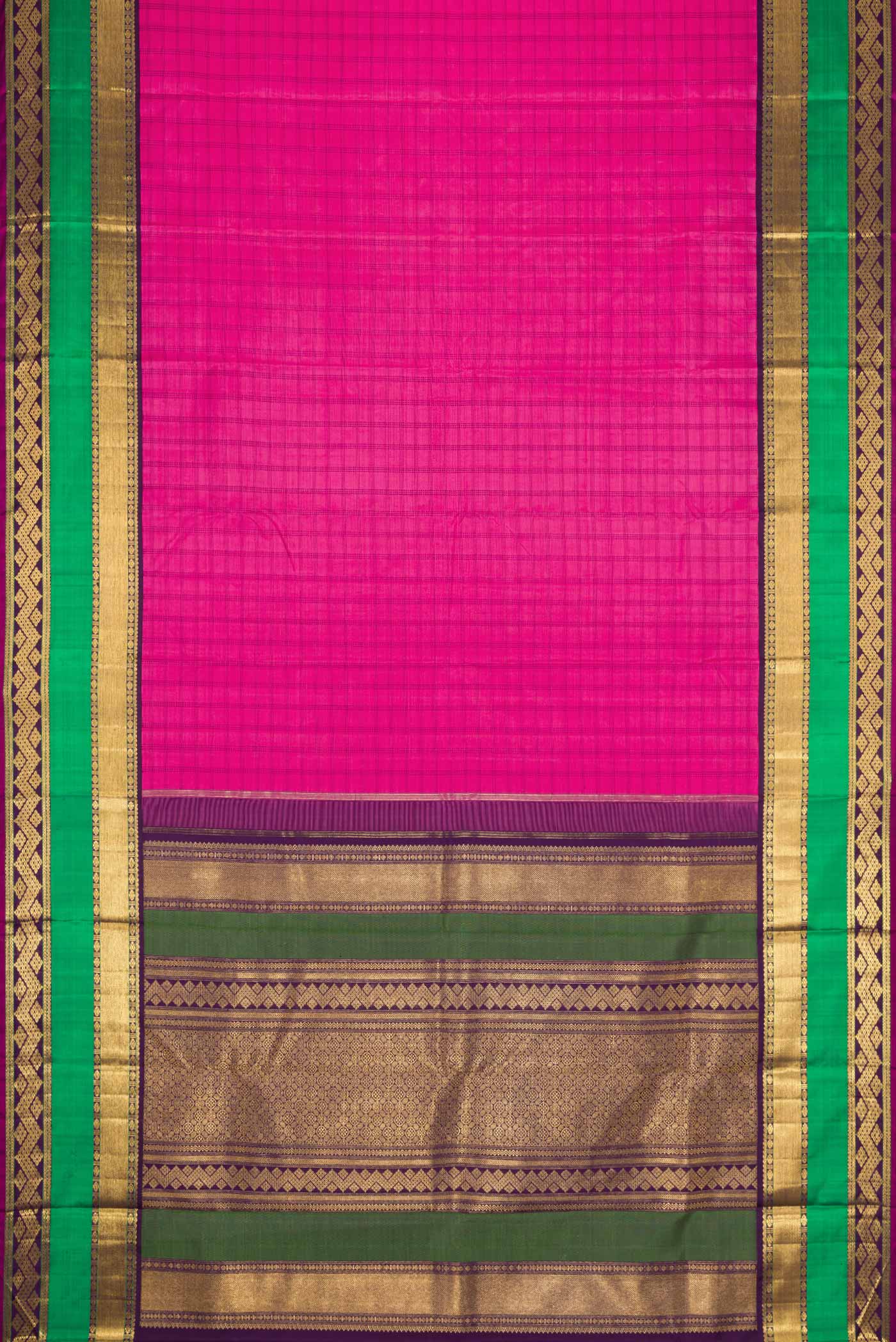 Flat view of Pure Silk Pure Zari Pink Dual Tone Kanchipuram Saree with Checked design on the body and Zari Border