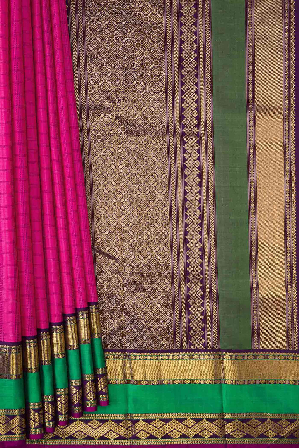 Pleats and pallu of Pure Silk Pure Zari Pink Dual Tone Kanchipuram Saree with Checked design on the body and Zari Border