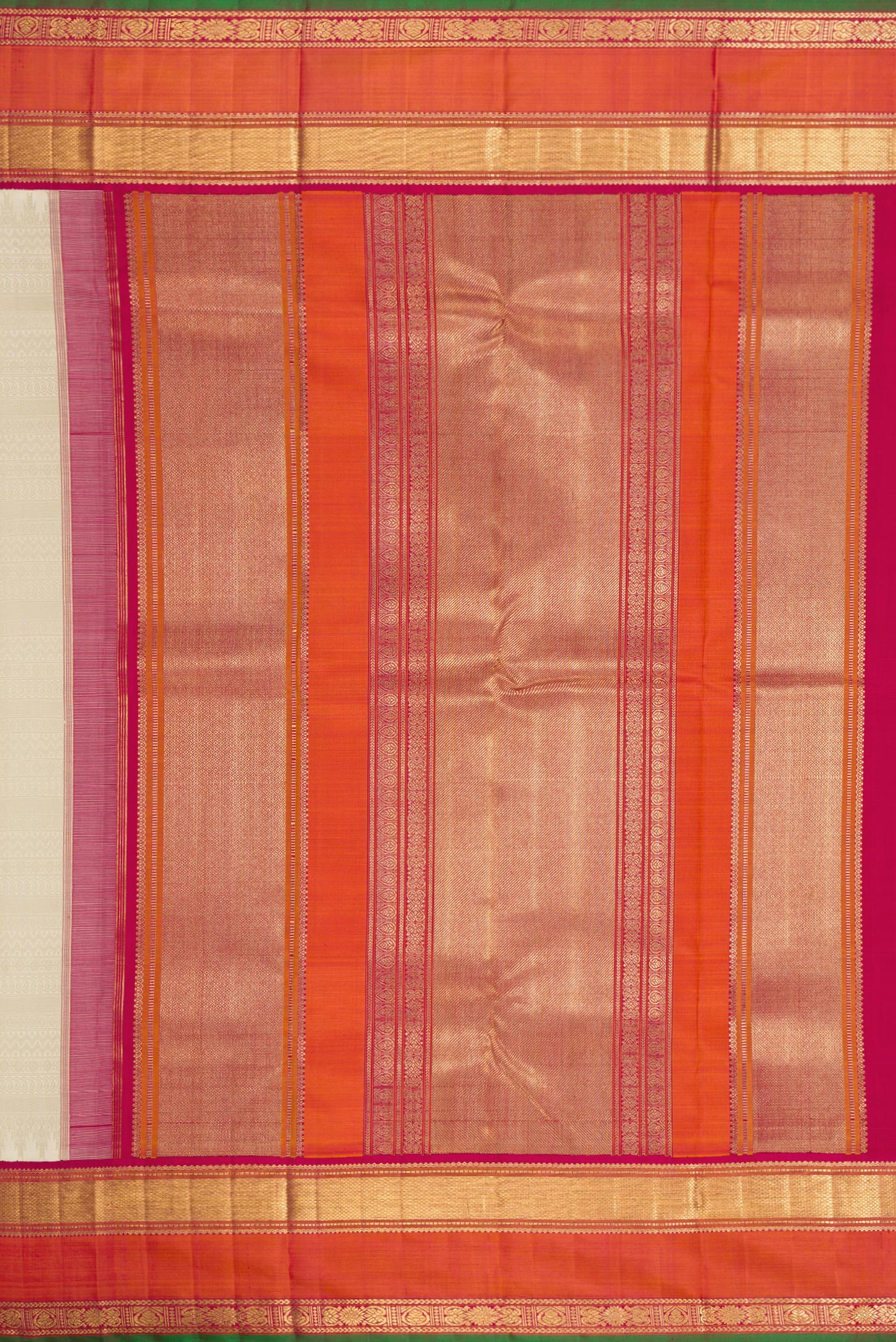 Close up image of the pallu of Off White Dual Tone Kanjivaram Silk Saree with Jacquard design on the body and Zari Border. 