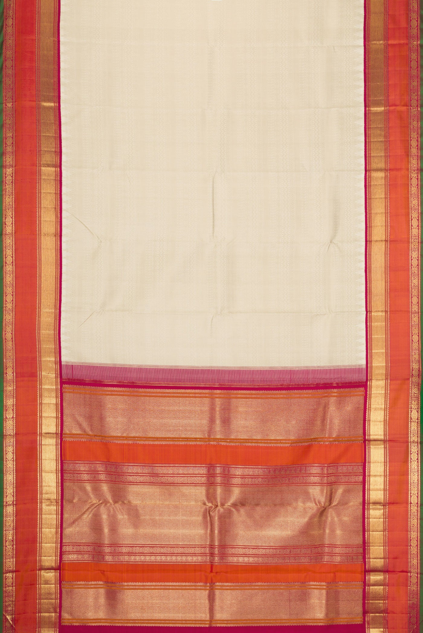 Flat view of Off White Dual Tone Kanjivaram Silk Saree with Jacquard design on the body and Zari Border. 