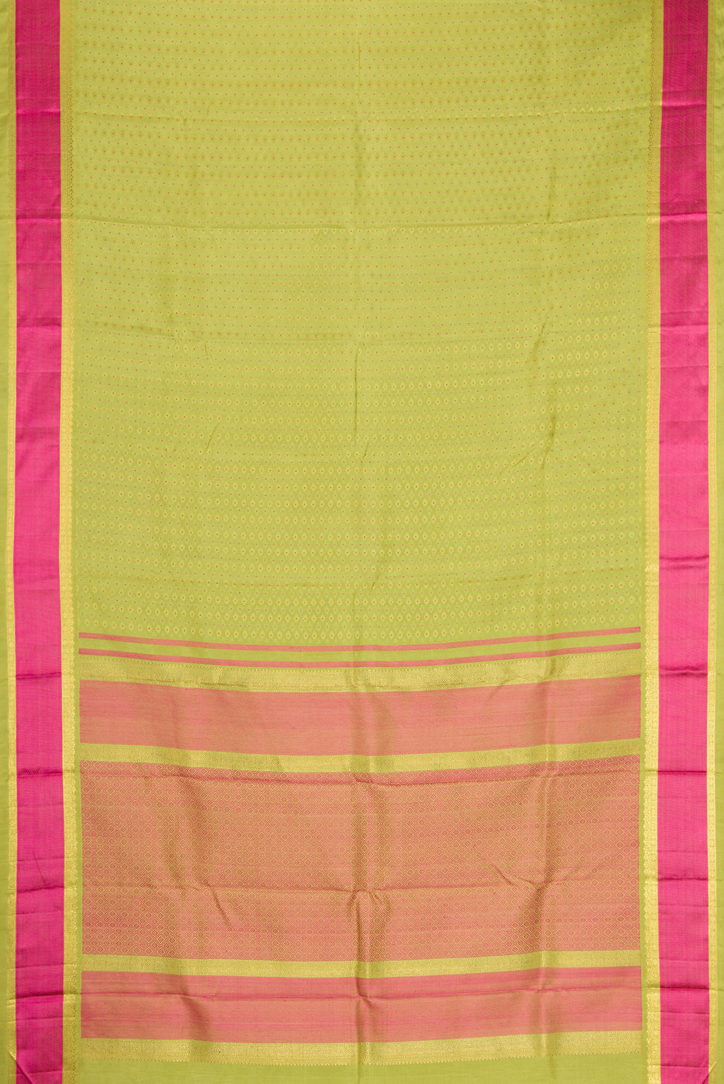Flat view of Pure Silk Pure Zari Parrot Green Dual Tone Kanchipuram Saree with Jacquard With Zari Butta on the body and Zari And Thread Border. 